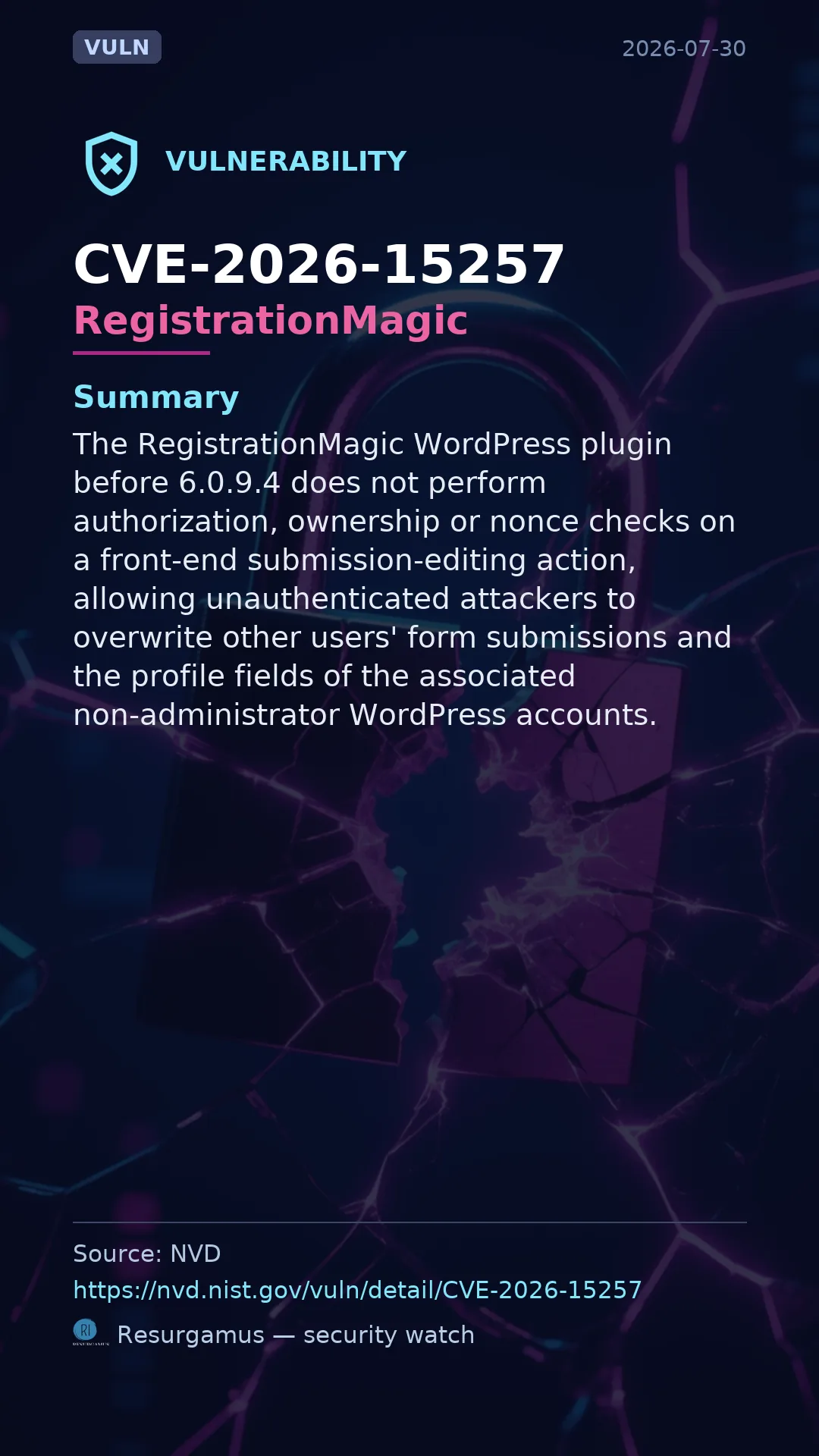 CVE-2026-15257 RegistrationMagic Vulnerability