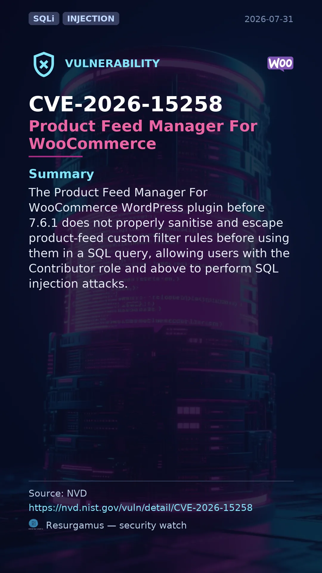 CVE-2026-15258 Product Feed Manager For WooCommerce Vulnerability