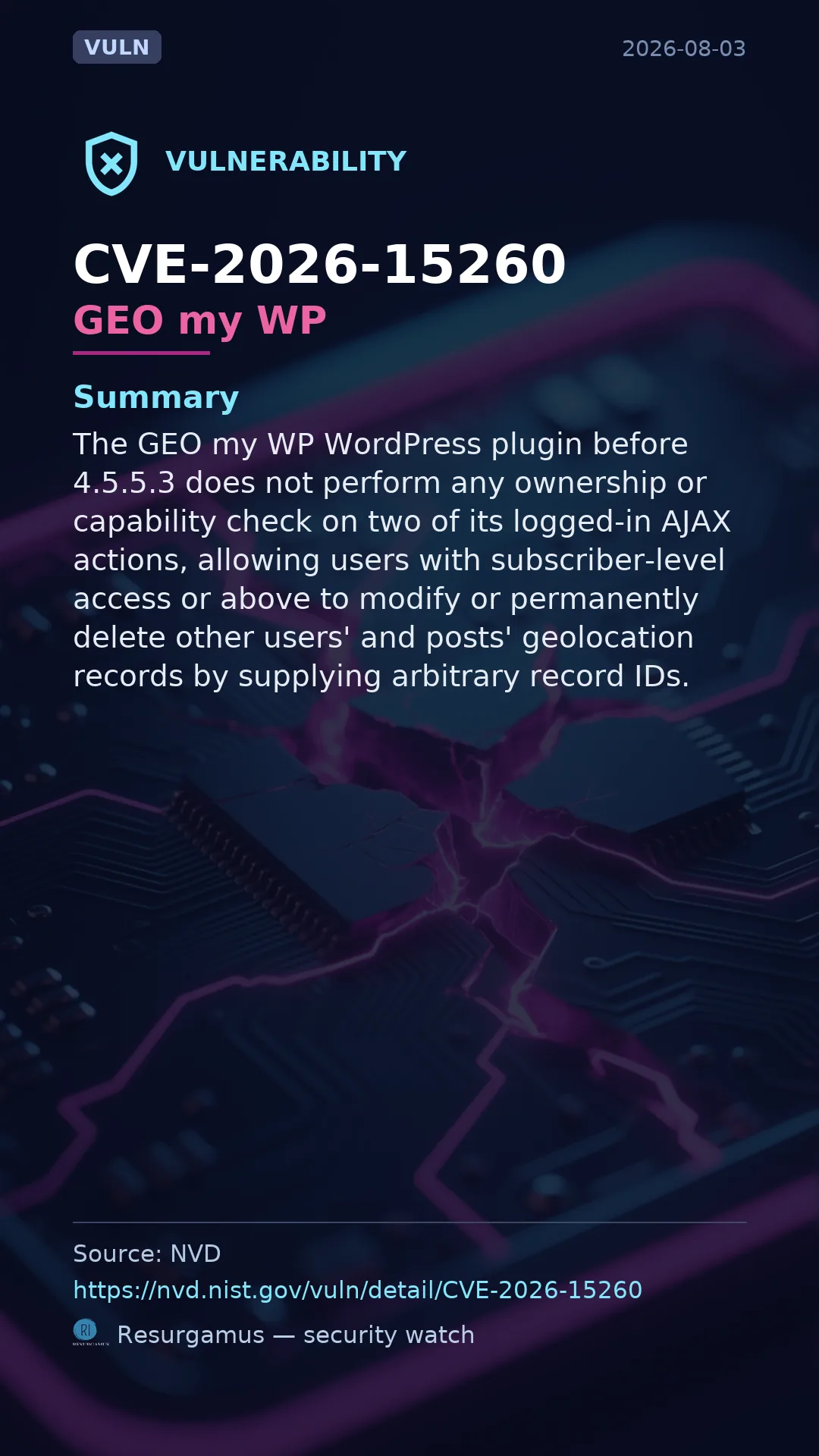 CVE-2026-15260 GEO my WP Vulnerability