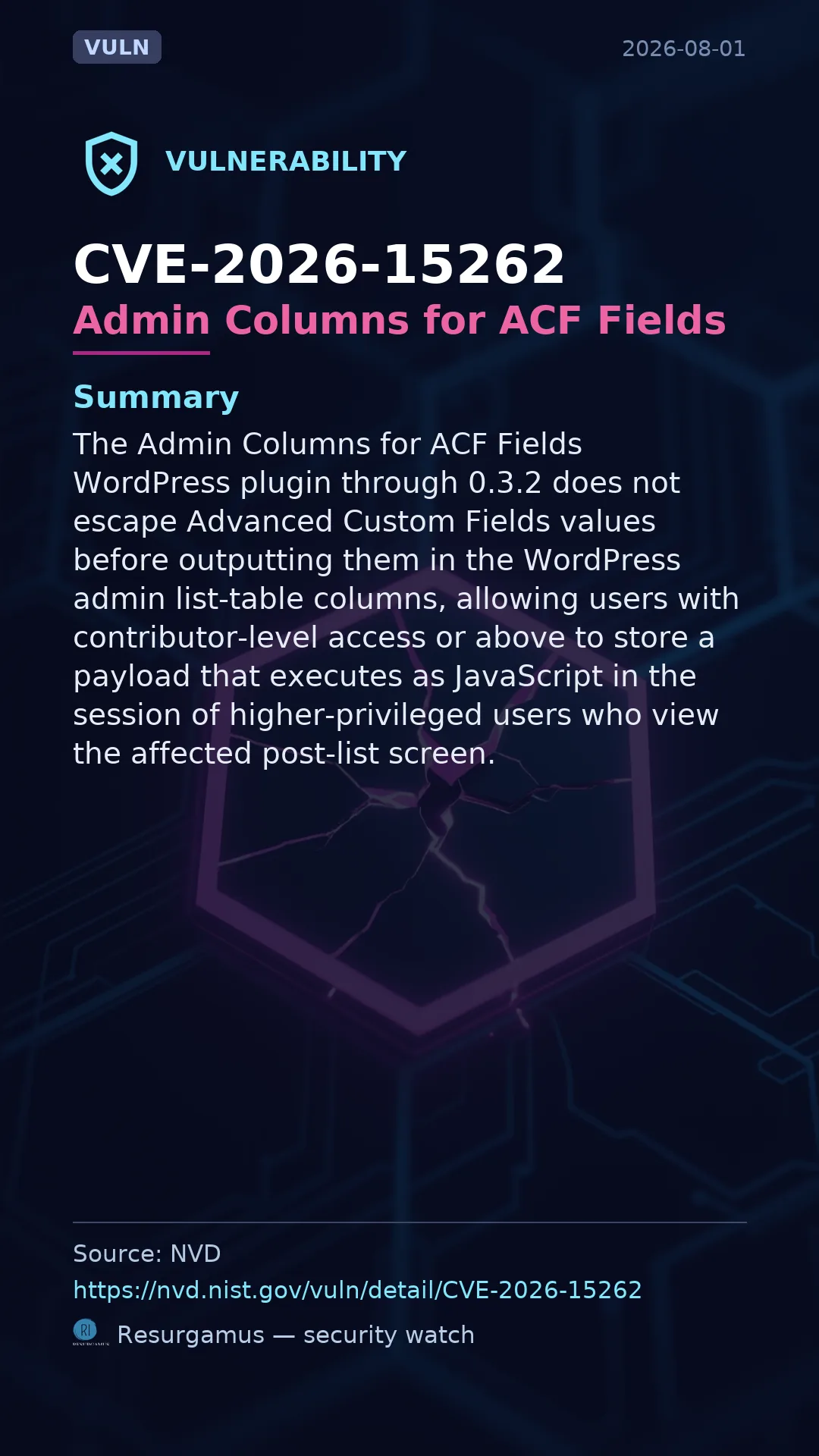 CVE-2026-15262 Admin Columns for ACF Fields Vulnerability