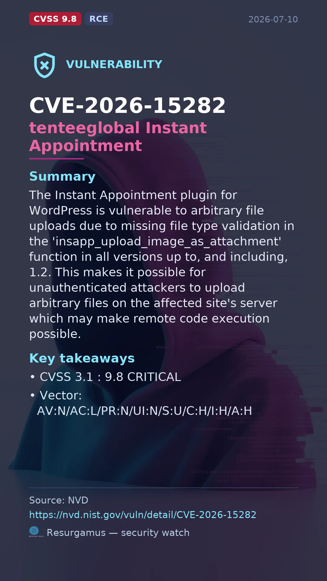 CVE-2026-15282 tenteeglobal Instant Appointment Vulnerability