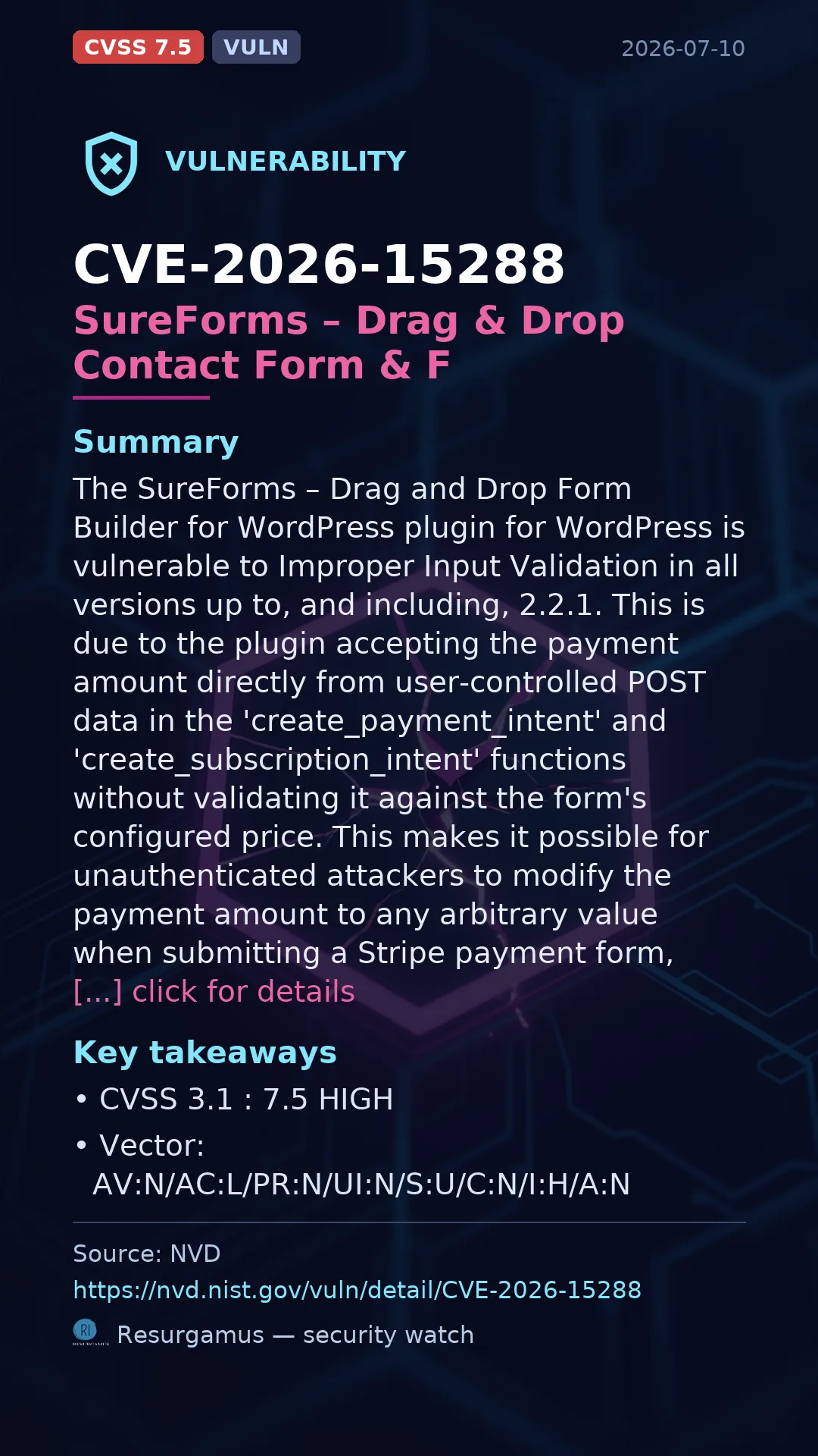 CVE-2026-15288 SureForms – Drag & Drop Contact Form & F Vulnerability
