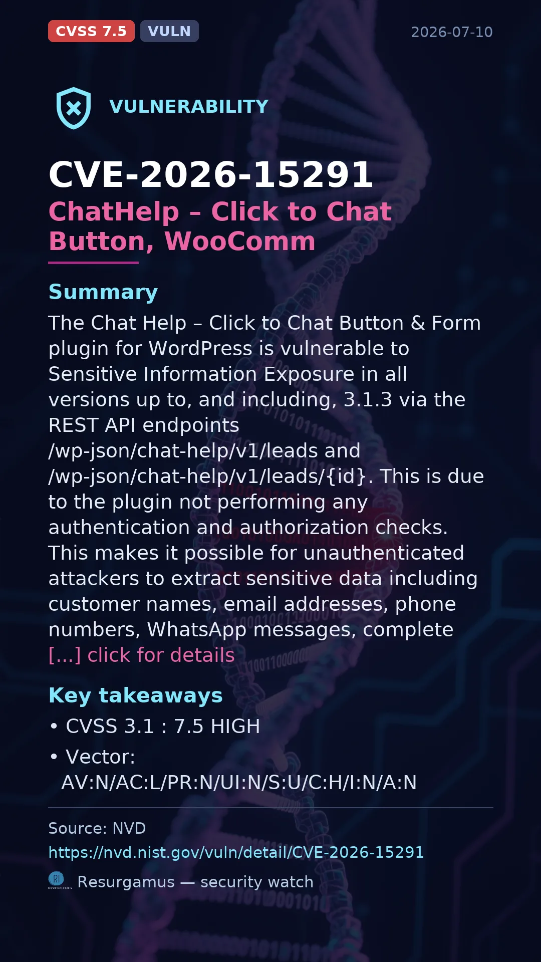 CVE-2026-15291 ChatHelp – Click to Chat Button, WooComm Vulnerability
