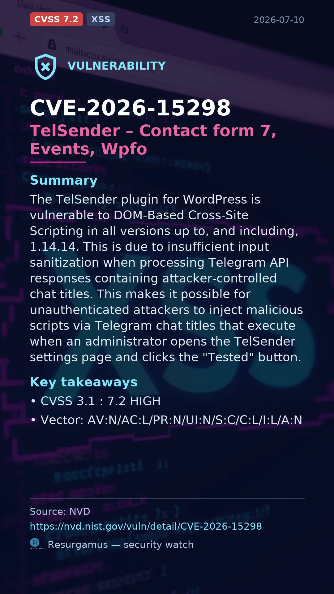 CVE-2026-15298 TelSender – Сontact form 7, Events, Wpfo Vulnerability