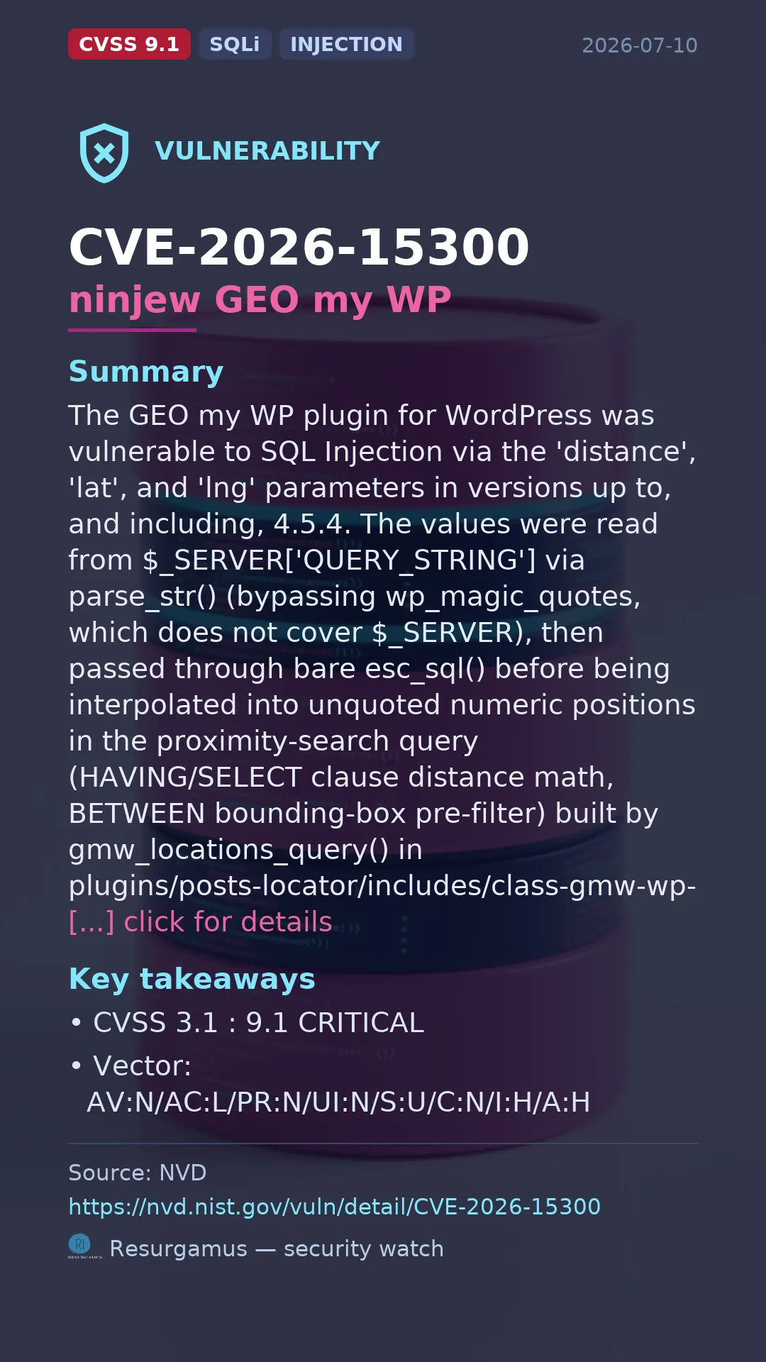 CVE-2026-15300 ninjew GEO my WP Vulnerability