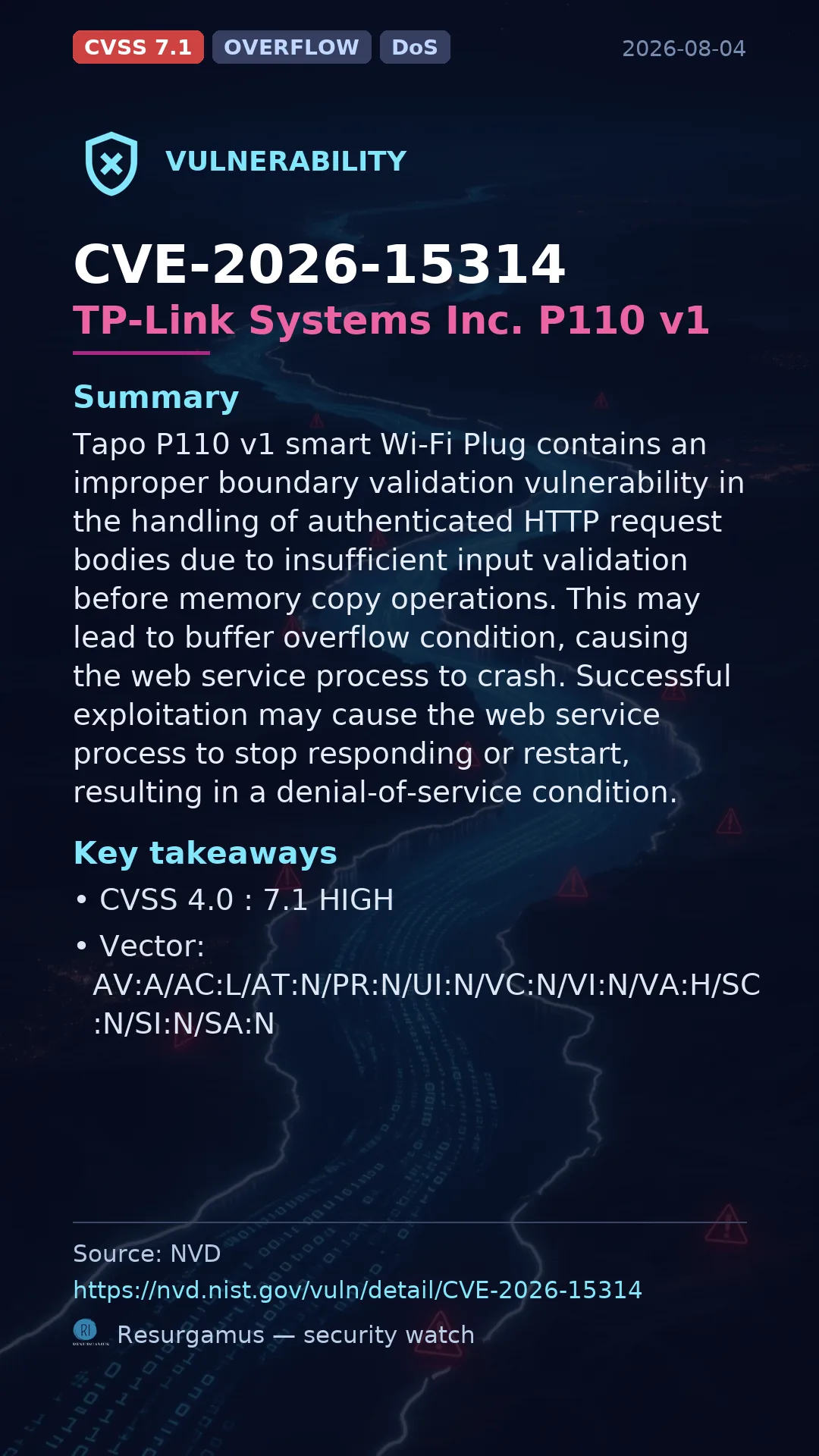 CVE-2026-15314 TP-Link Systems Inc. P110 v1 Vulnerability