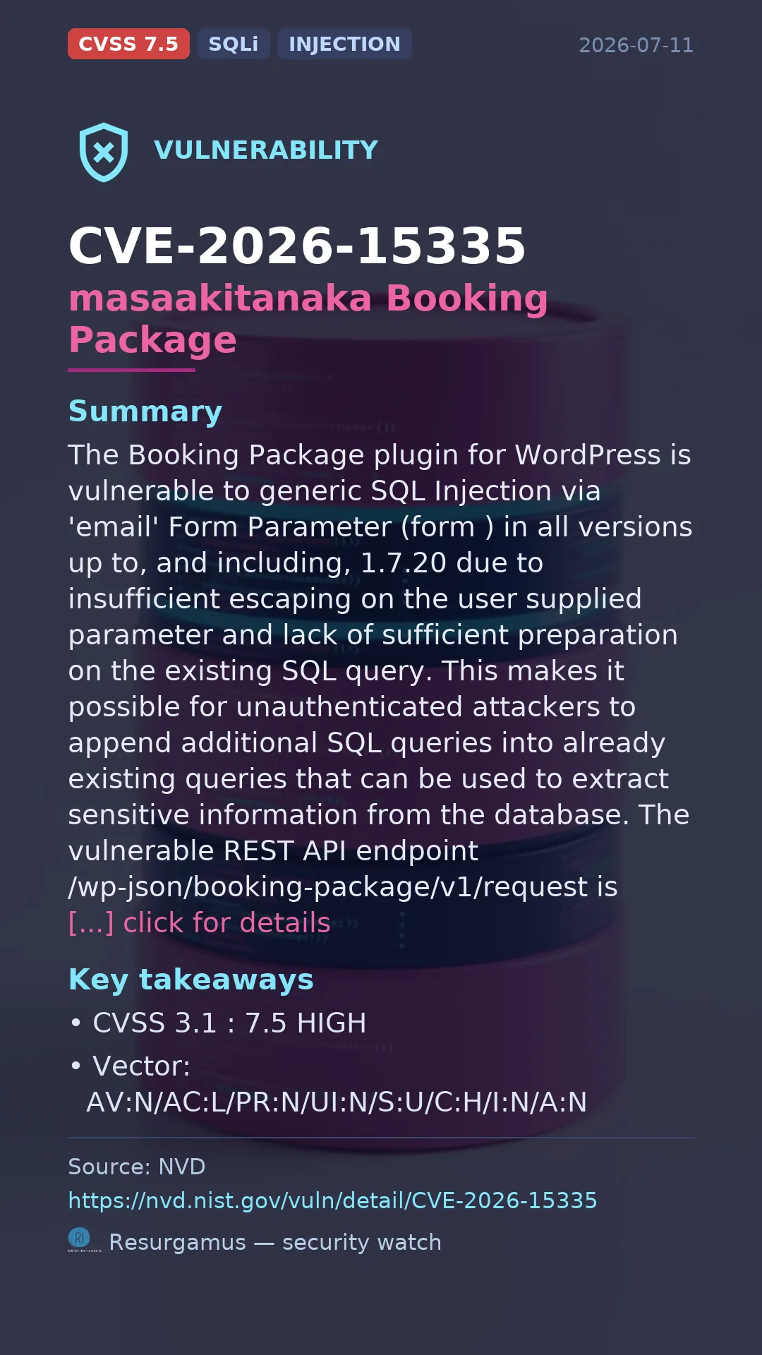 CVE-2026-15335 masaakitanaka Booking Package Vulnerability