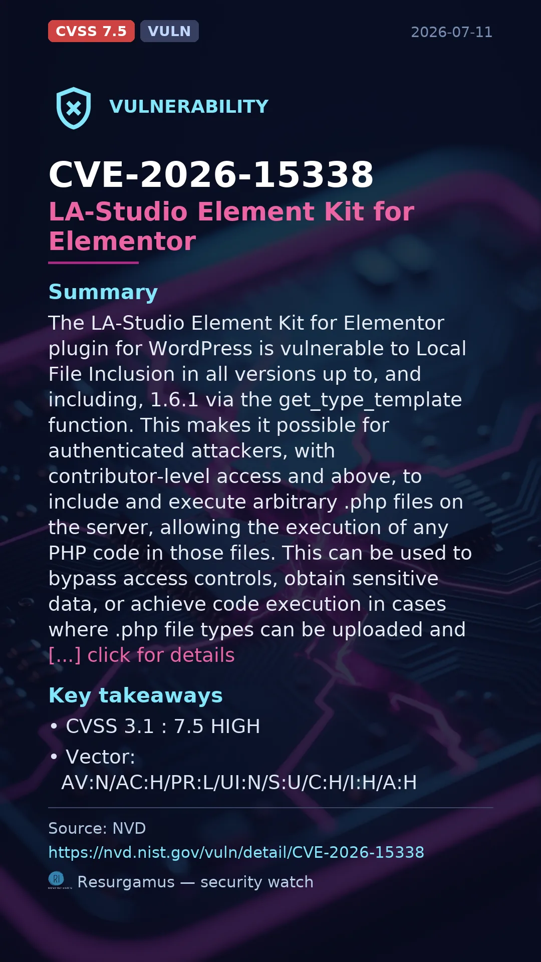 CVE-2026-15338 LA-Studio Element Kit for Elementor Vulnerability