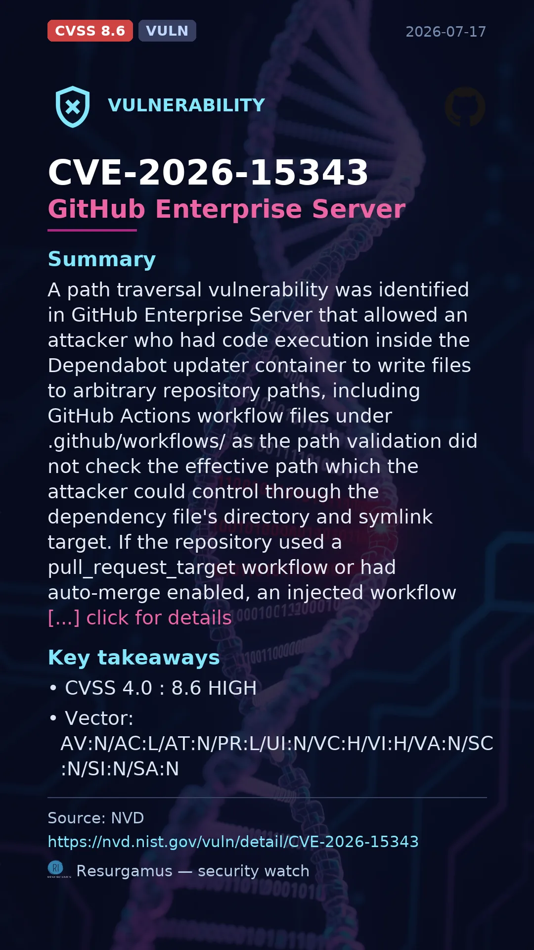 CVE-2026-15343 GitHub Enterprise Server Vulnerability