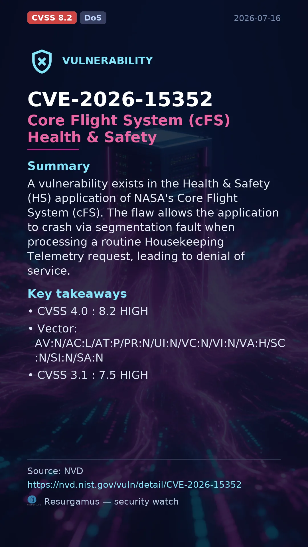 CVE-2026-15352 Core Flight System (cFS) Health & Safety Vulnerability