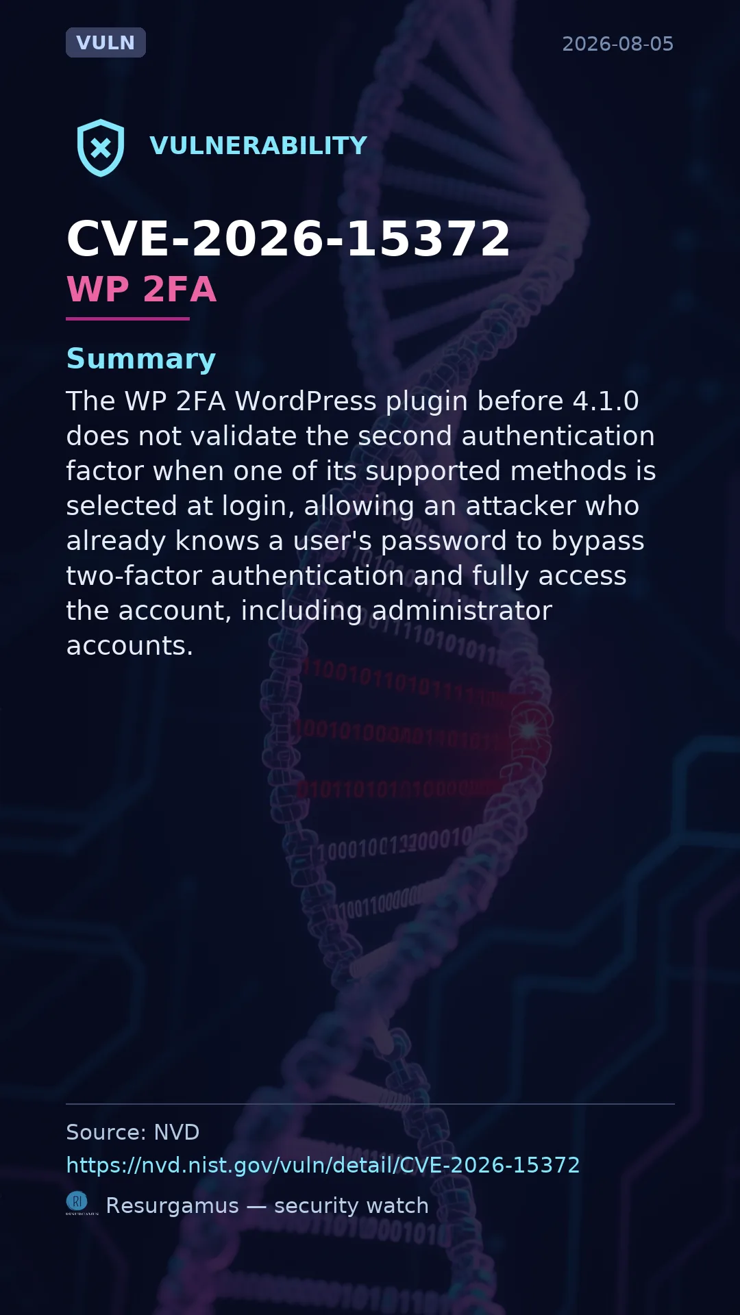CVE-2026-15372 WP 2FA Vulnerability