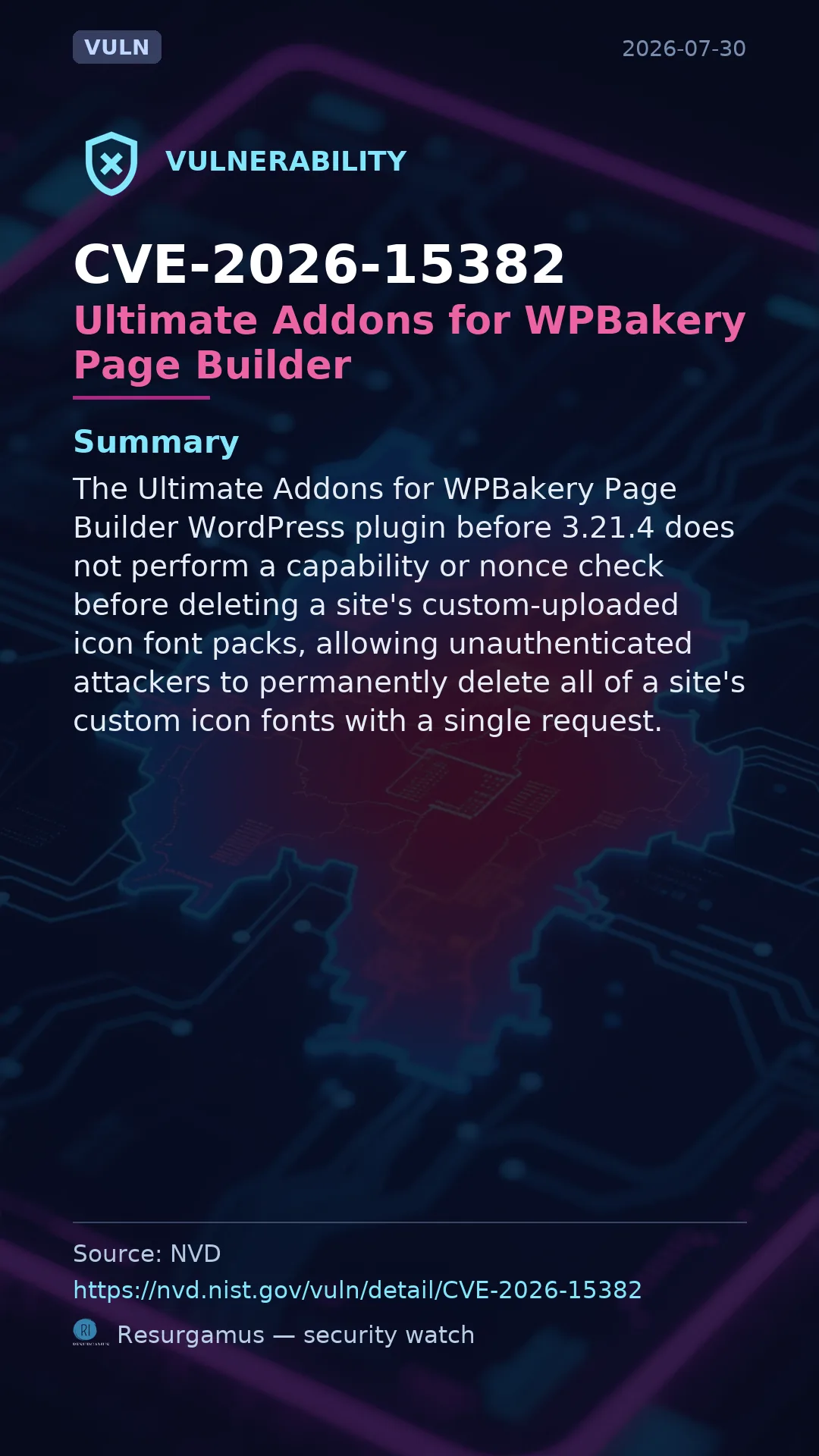 CVE-2026-15382 Ultimate Addons for WPBakery Page Builder Vulnerability
