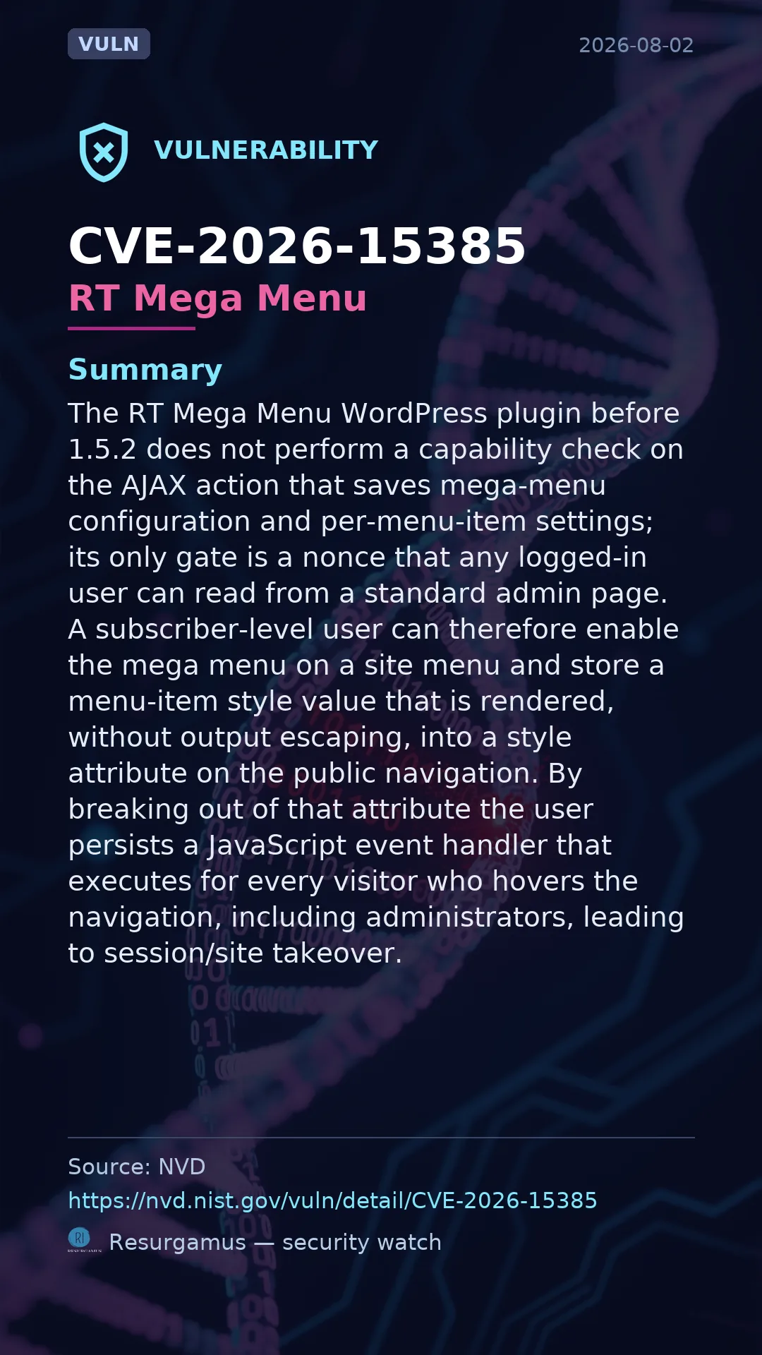 CVE-2026-15385 RT Mega Menu Vulnerability