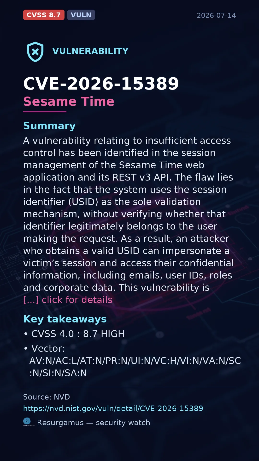 CVE-2026-15389 Sesame Time Vulnerability