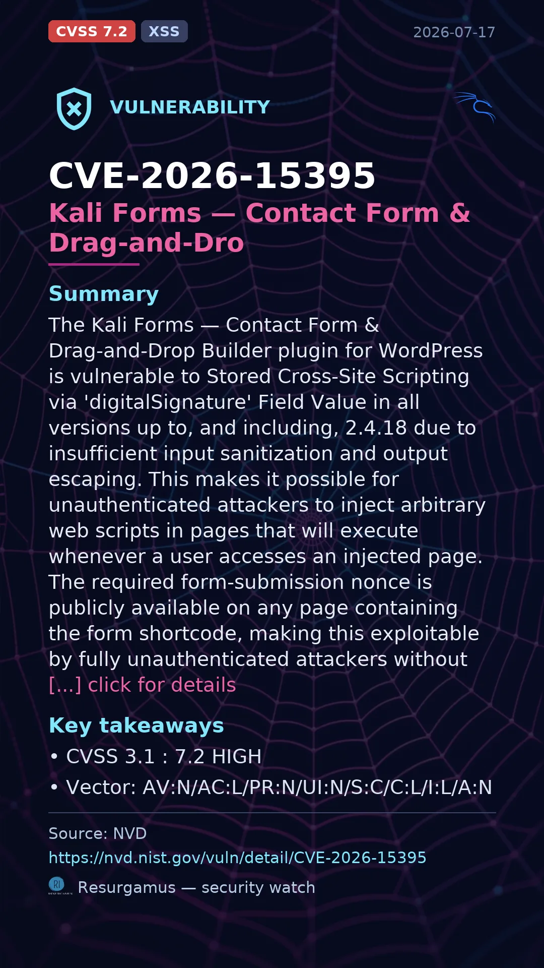 CVE-2026-15395 Kali Forms — Contact Form & Drag-and-Dro Vulnerability
