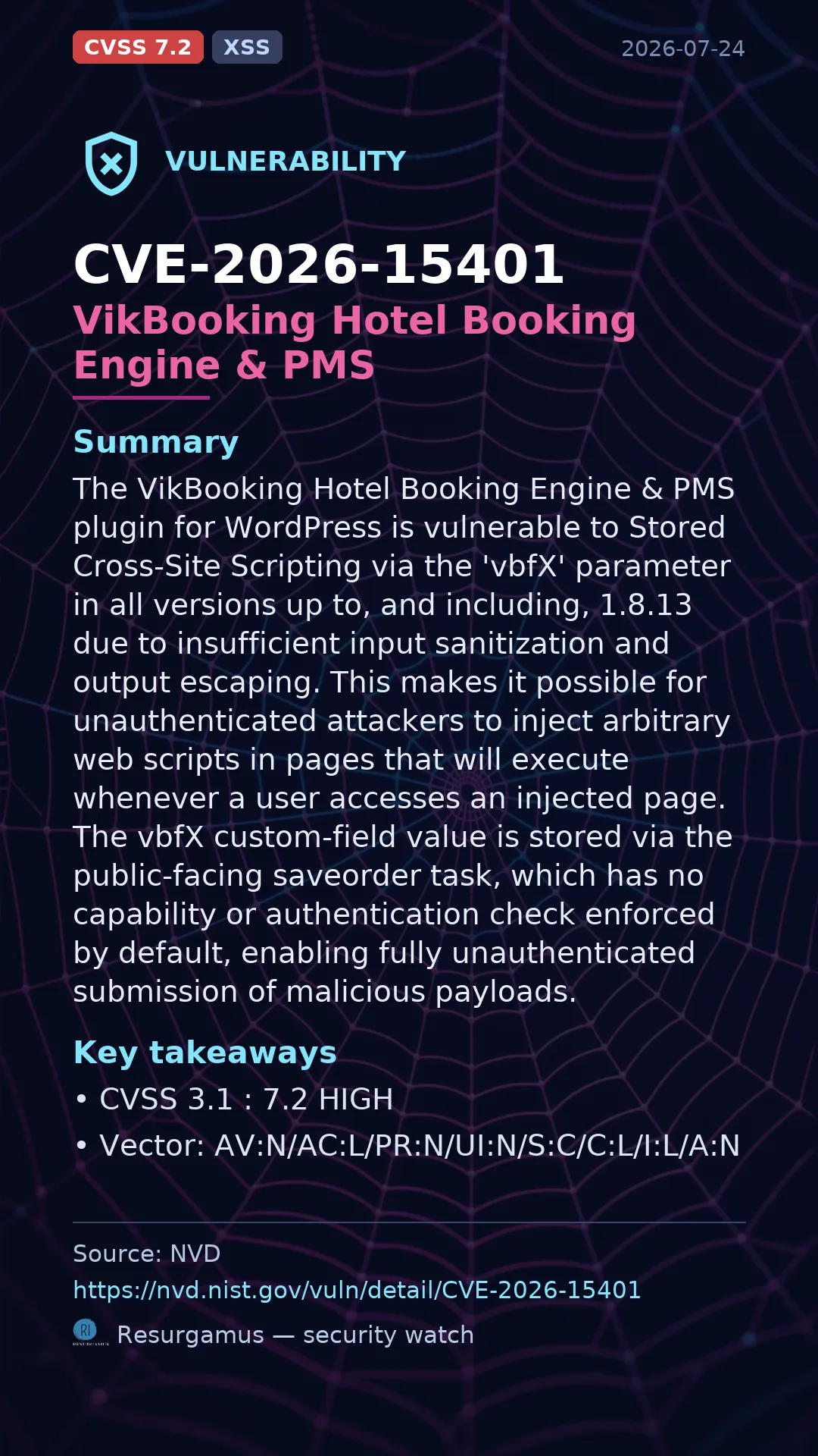 CVE-2026-15401 - VikBooking Hotel Booking Engine & PMS vulnerability