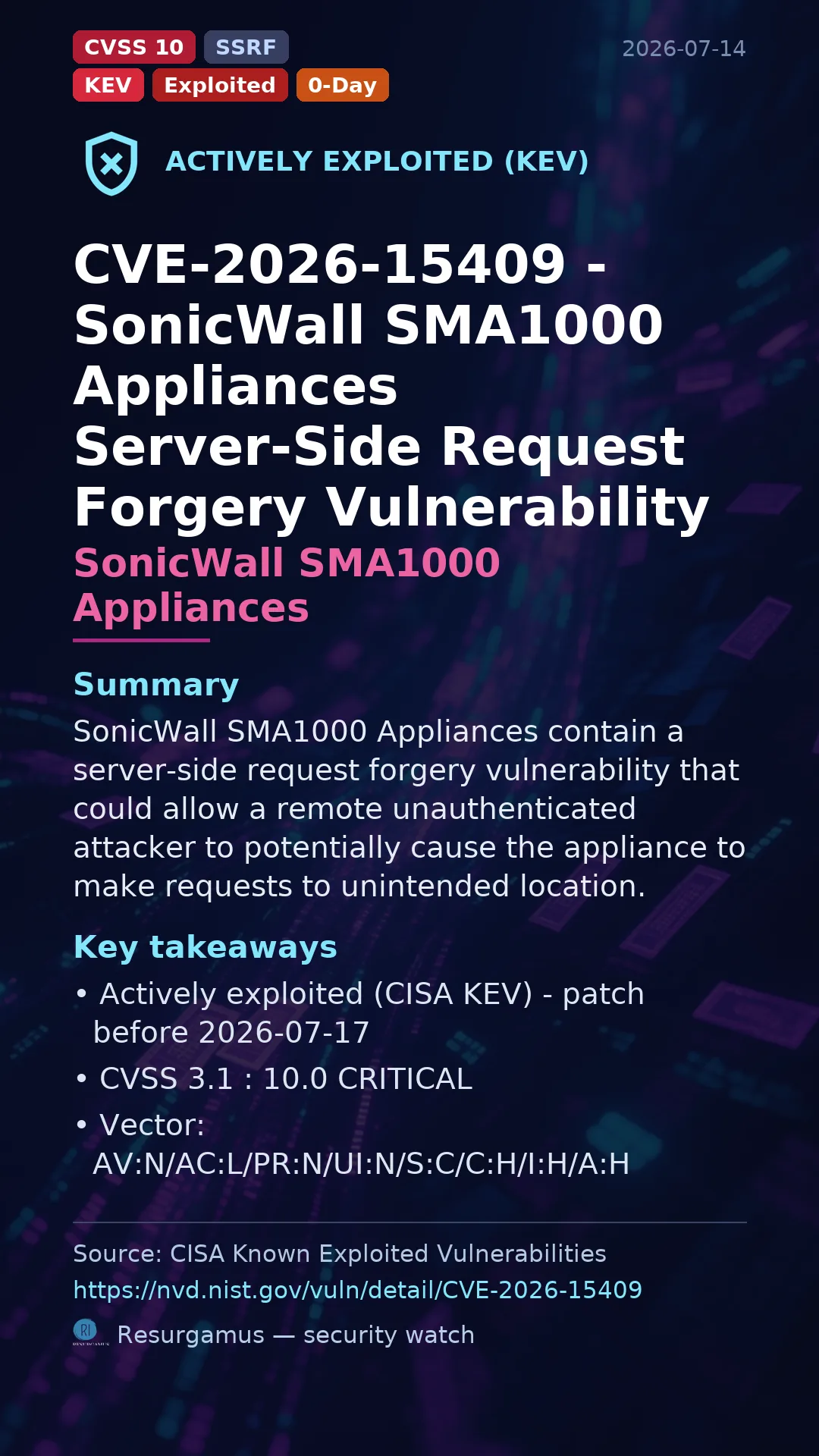 CVE-2026-15409 - SonicWall SMA1000 Appliances - actively exploited (KEV) vulnerability