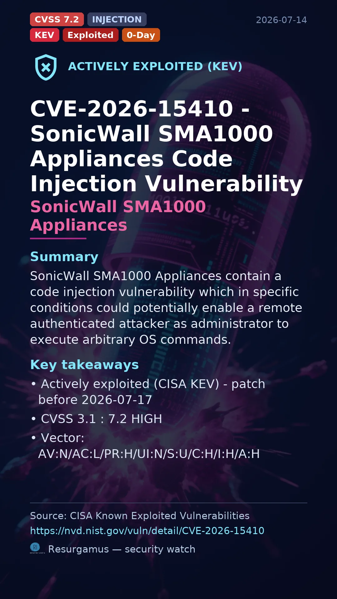 CVE-2026-15410 - SonicWall SMA1000 Appliances - actively exploited (KEV) vulnerability