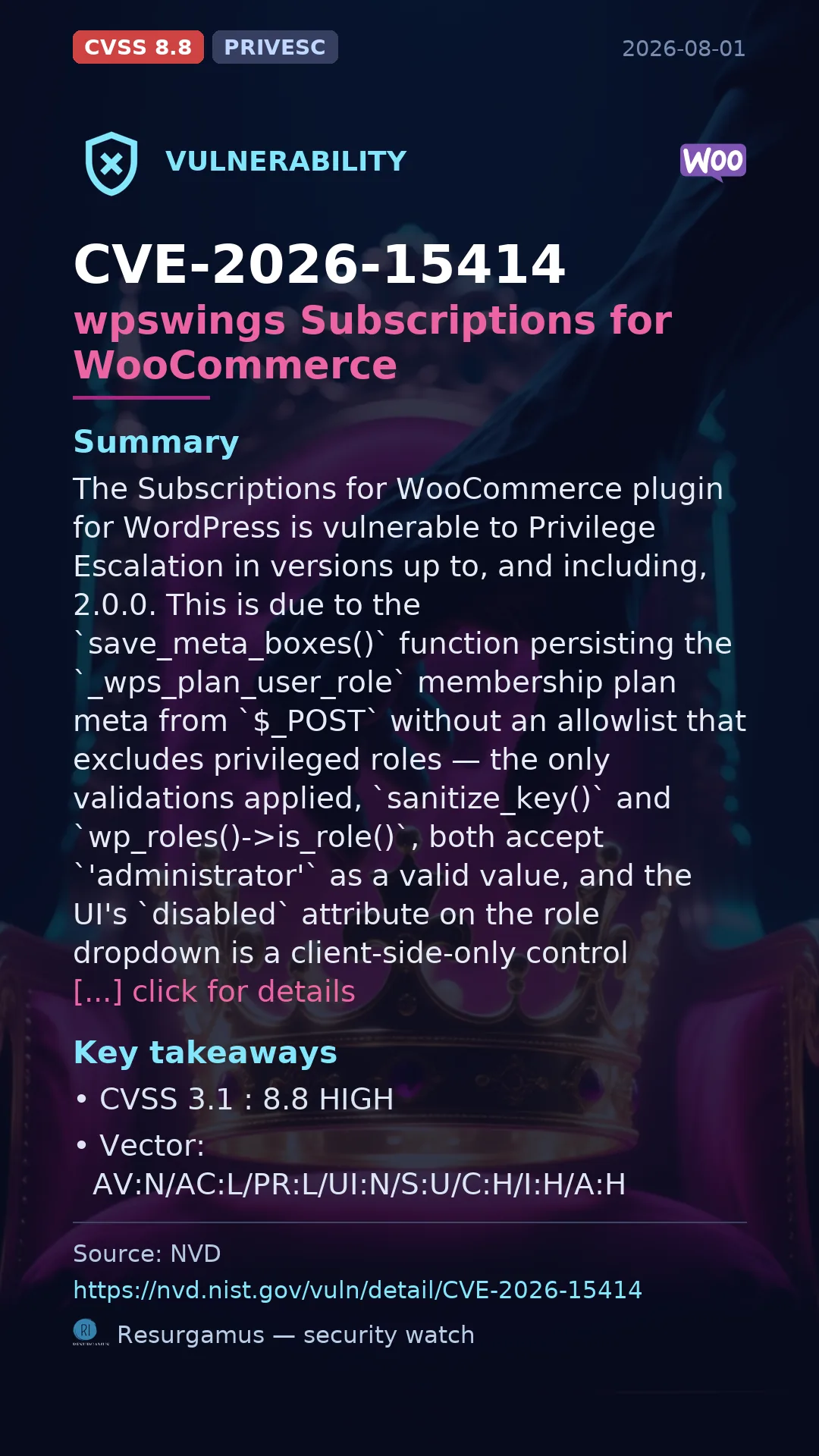 CVE-2026-15414 wpswings Subscriptions for WooCommerce Vulnerability