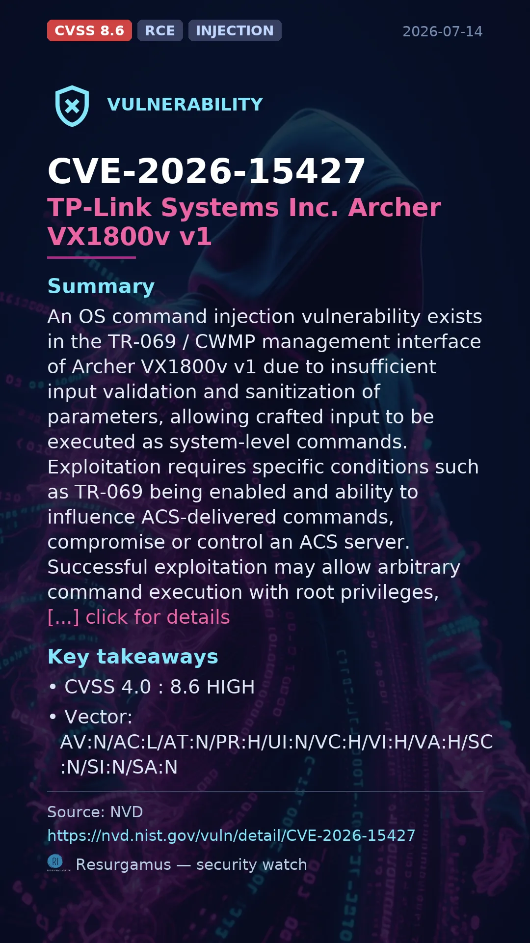 CVE-2026-15427 TP-Link Systems Inc. Archer VX1800v v1 Vulnerability