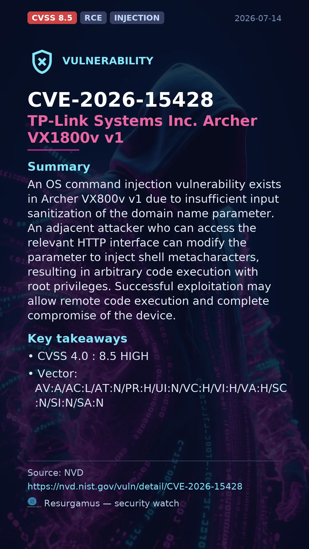 CVE-2026-15428 TP-Link Systems Inc. Archer VX1800v v1 Vulnerability