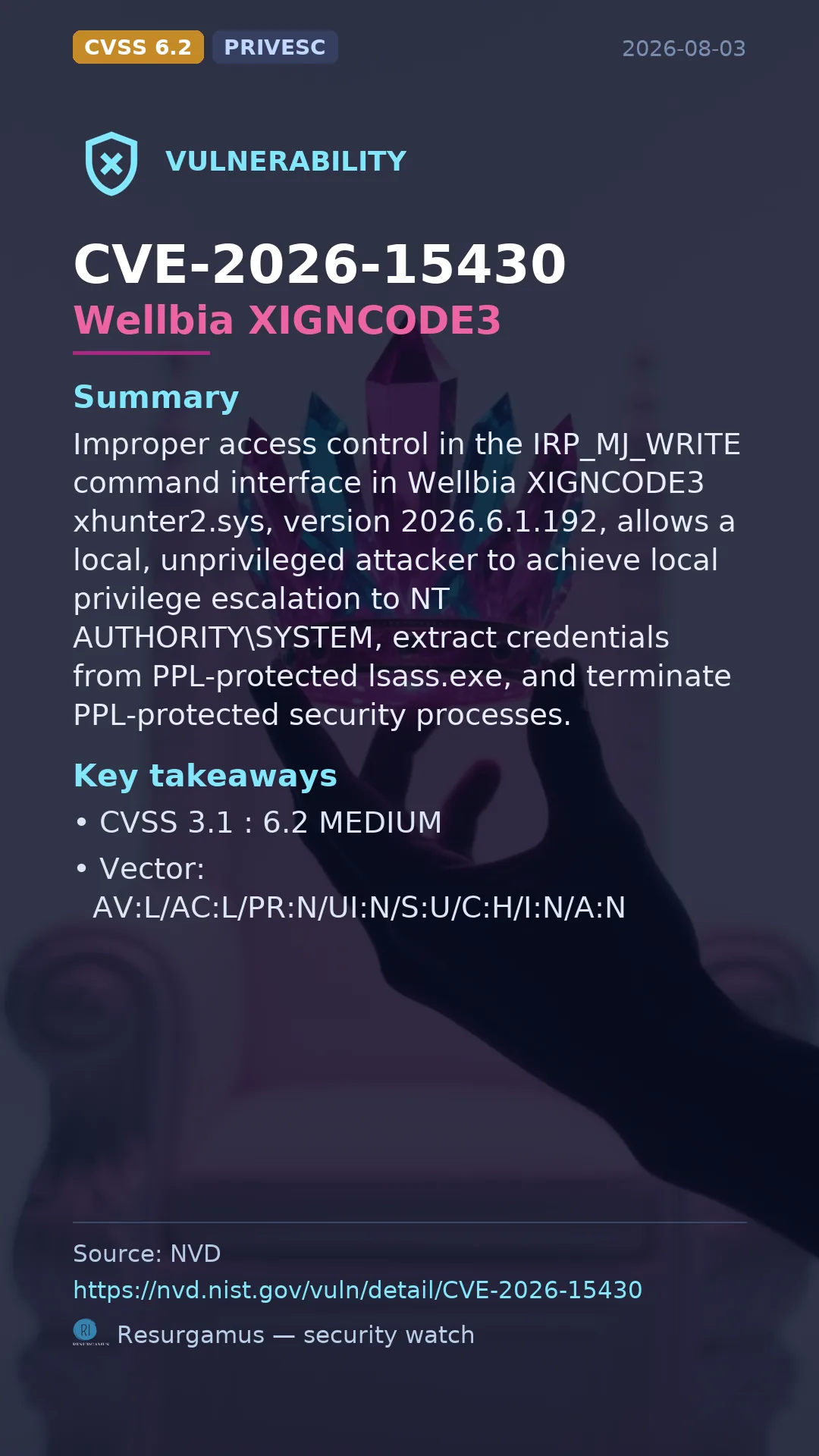 CVE-2026-15430 Wellbia XIGNCODE3 Vulnerability