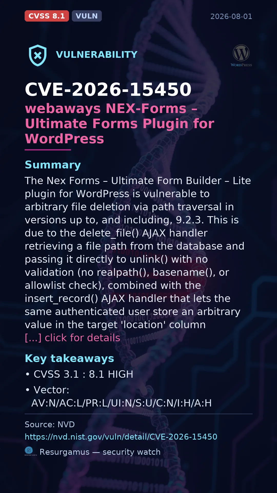 CVE-2026-15450 webaways NEX-Forms – Ultimate Forms Plugin for WordPress Vulnerability
