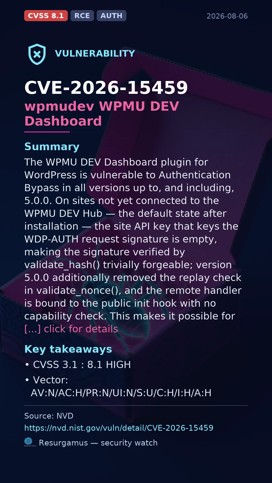 CVE-2026-15459 wpmudev WPMU DEV Dashboard Vulnerability