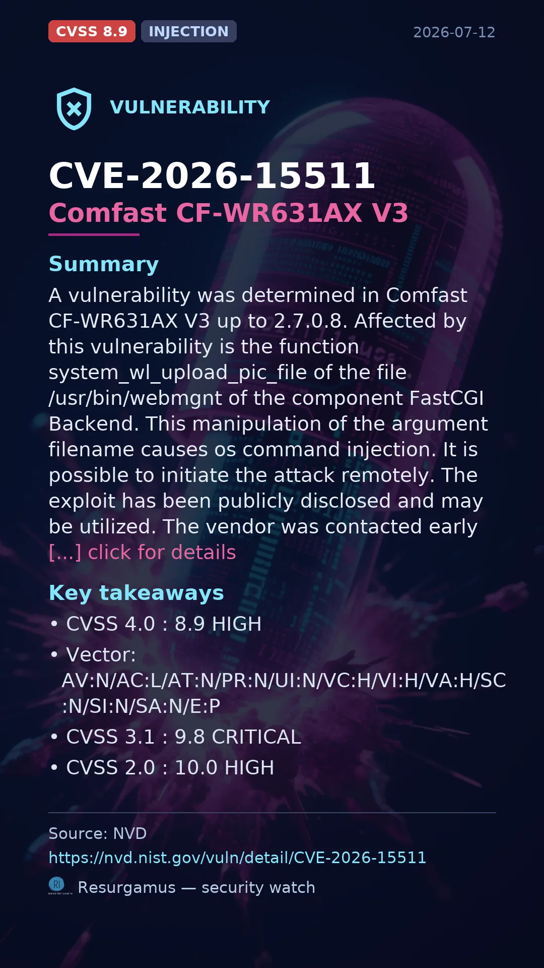 CVE-2026-15511 Comfast CF-WR631AX V3 Vulnerability