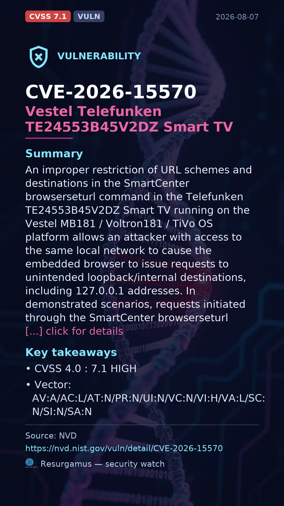 CVE-2026-15570 Vestel Telefunken TE24553B45V2DZ Smart TV Vulnerability