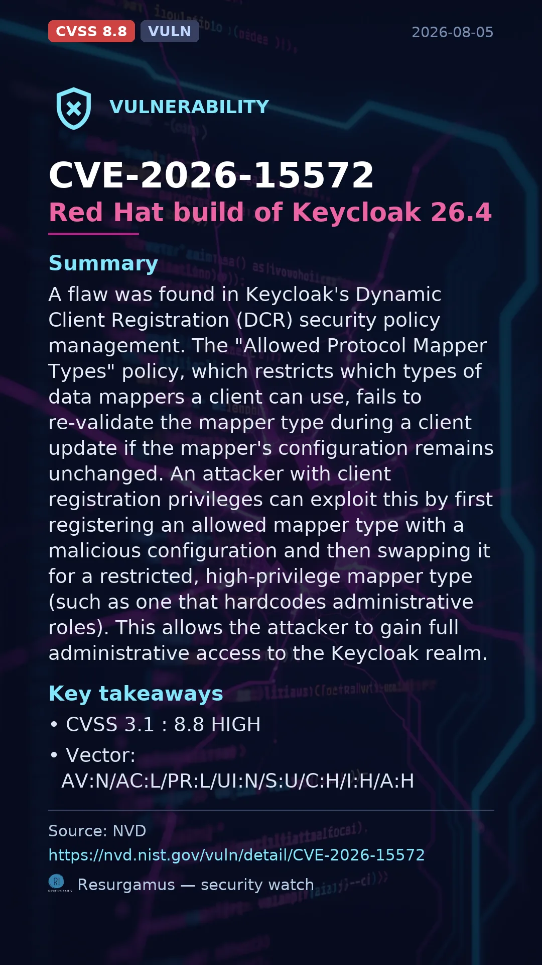 CVE-2026-15572 Red Hat build of Keycloak 26.4 Vulnerability