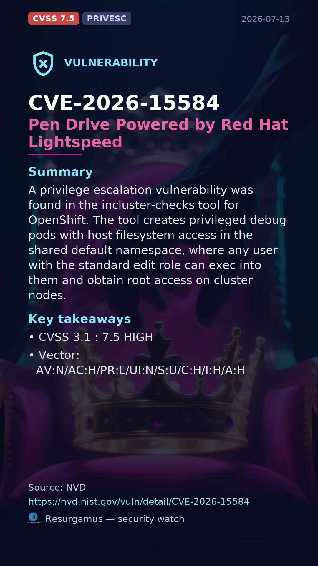 CVE-2026-15584 Pen Drive Powered by Red Hat Lightspeed Vulnerability