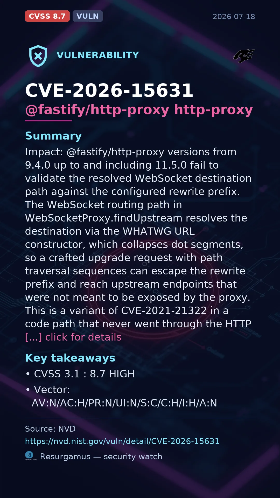 CVE-2026-15631 @fastify/http-proxy http-proxy Vulnerability