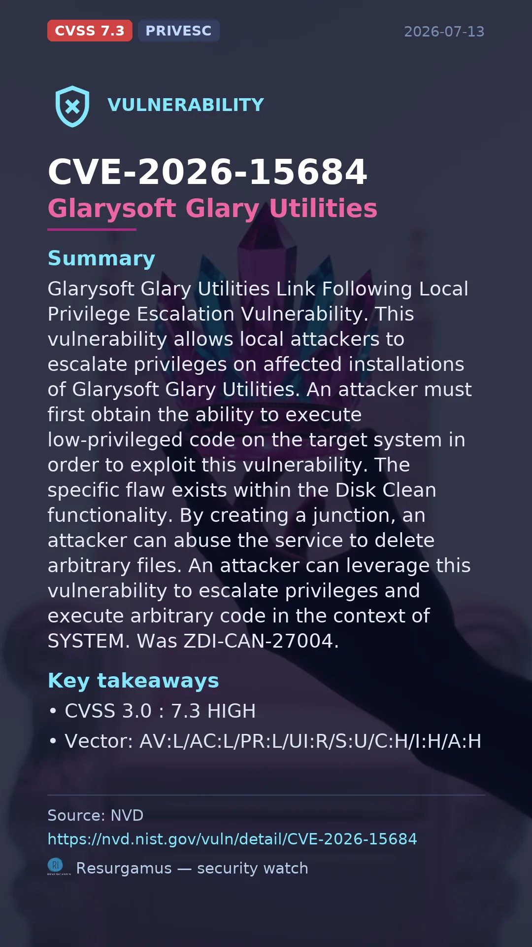 CVE-2026-15684 Glarysoft Glary Utilities Vulnerability