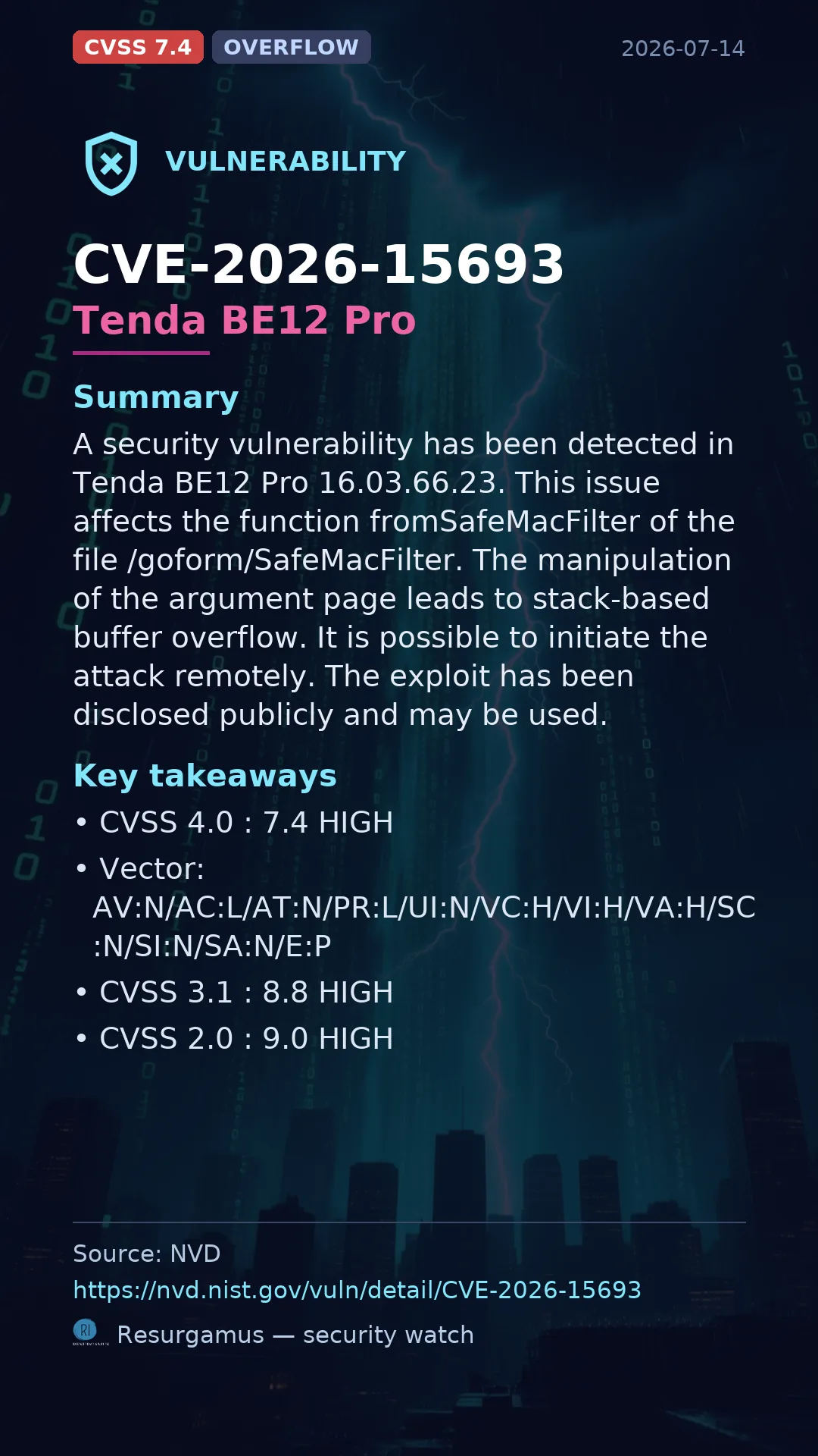CVE-2026-15693 Tenda BE12 Pro Vulnerability