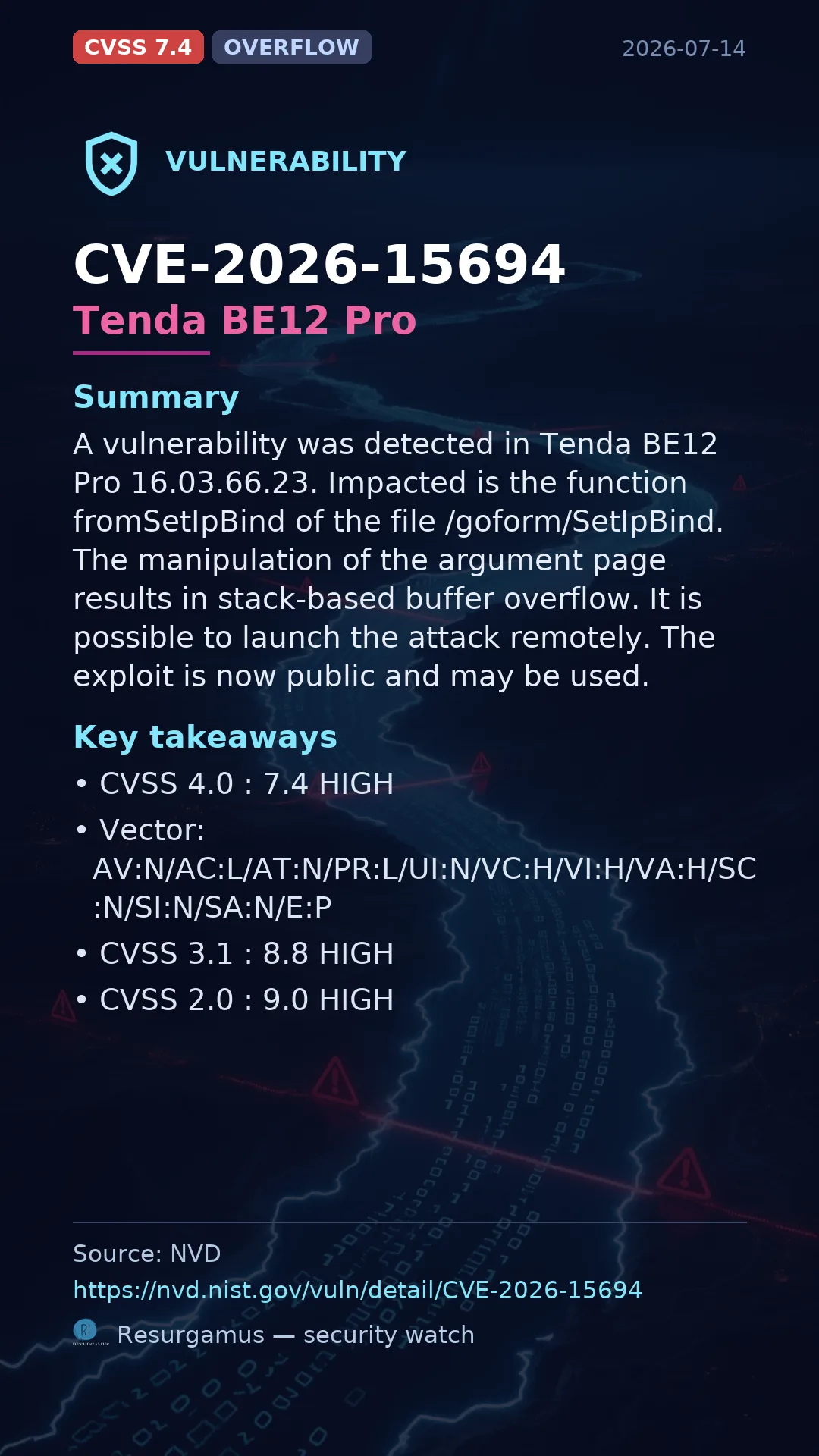 CVE-2026-15694 Tenda BE12 Pro Vulnerability