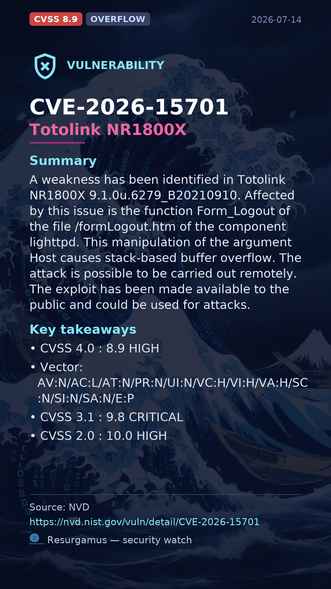 CVE-2026-15701 Totolink NR1800X Vulnerability