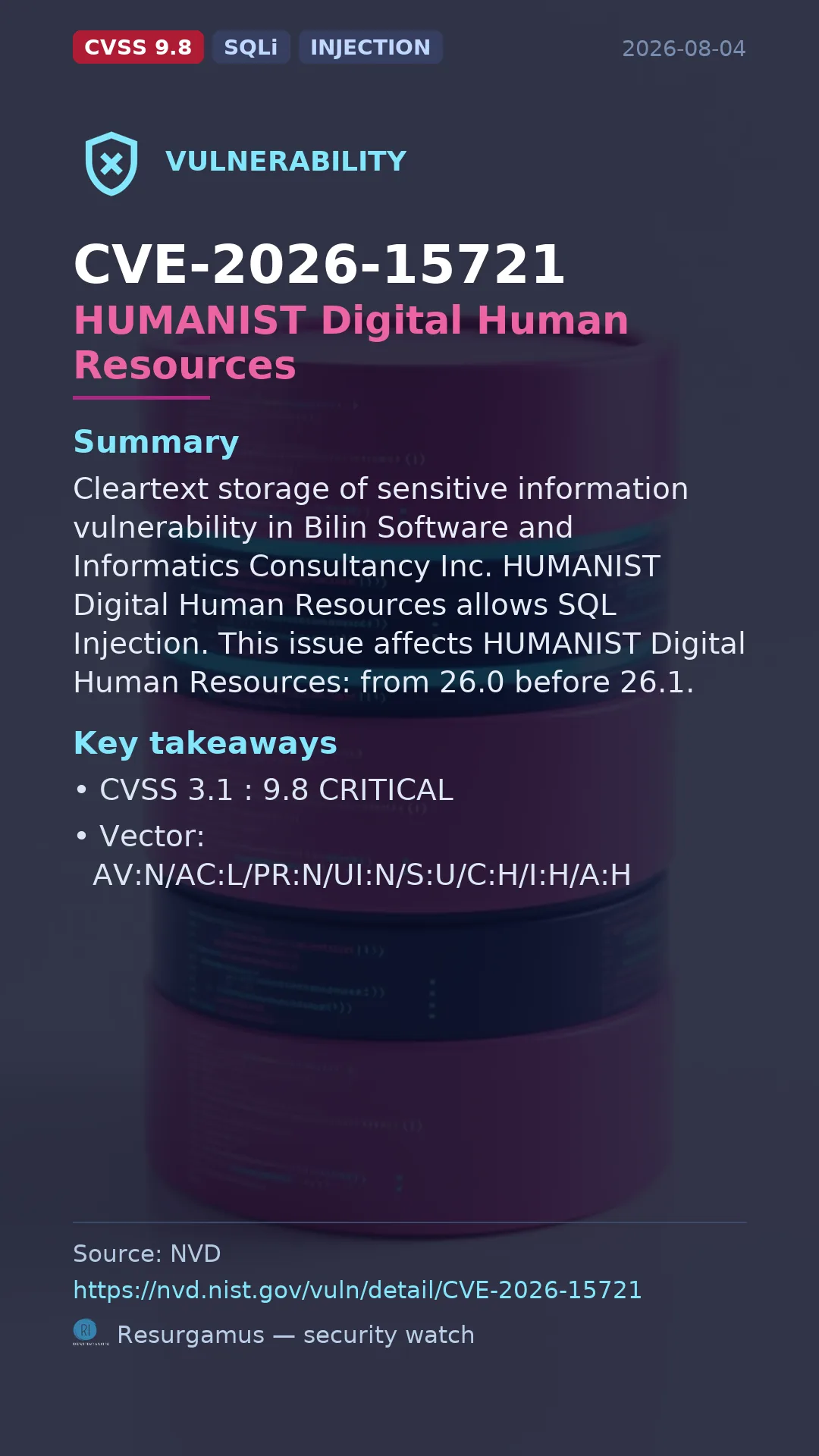 CVE-2026-15721 HUMANIST Digital Human Resources Vulnerability