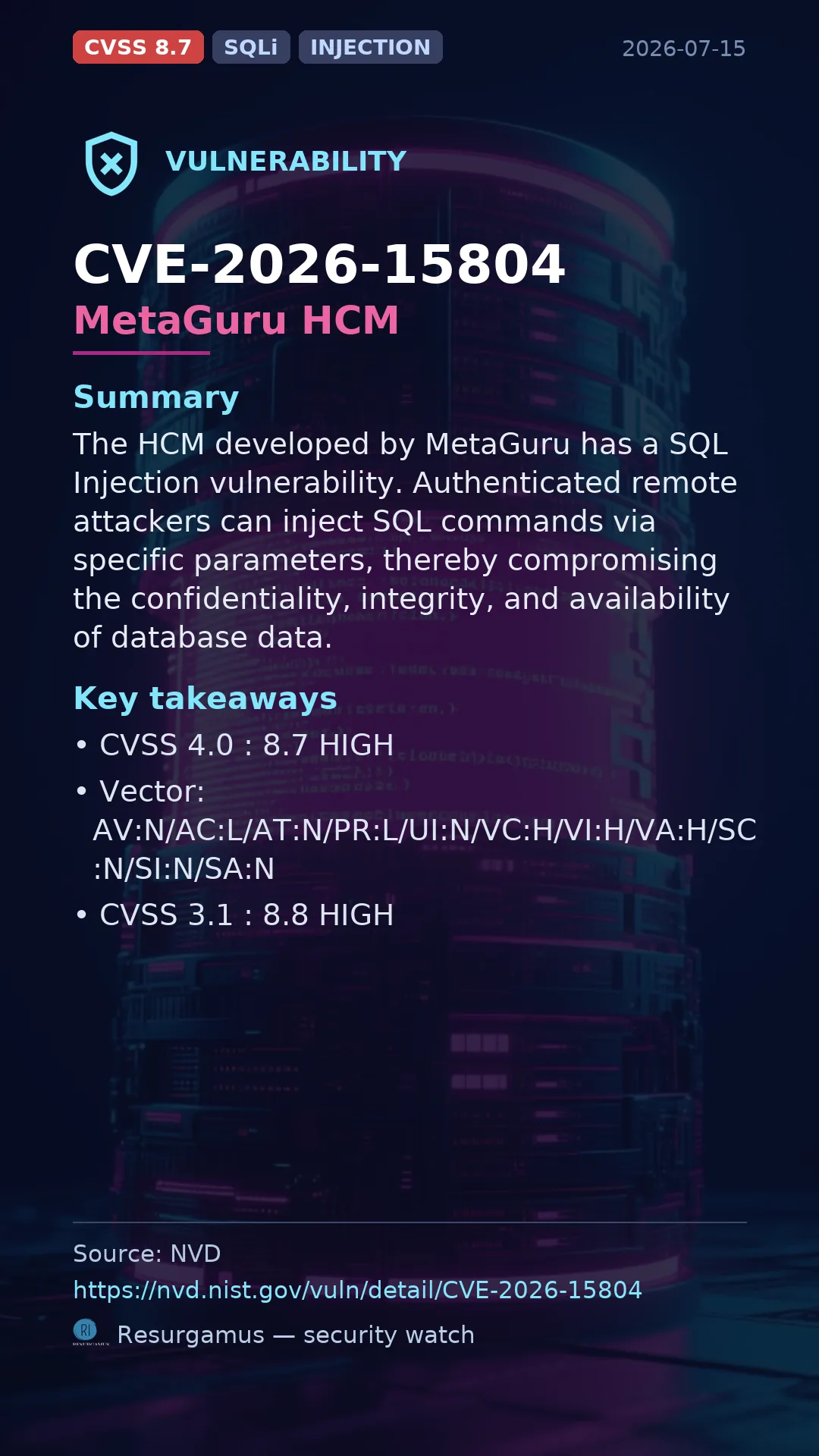 CVE-2026-15804 MetaGuru HCM Vulnerability