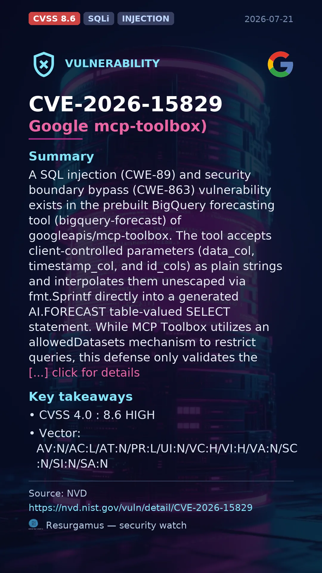 CVE-2026-15829 Google mcp-toolbox) Vulnerability