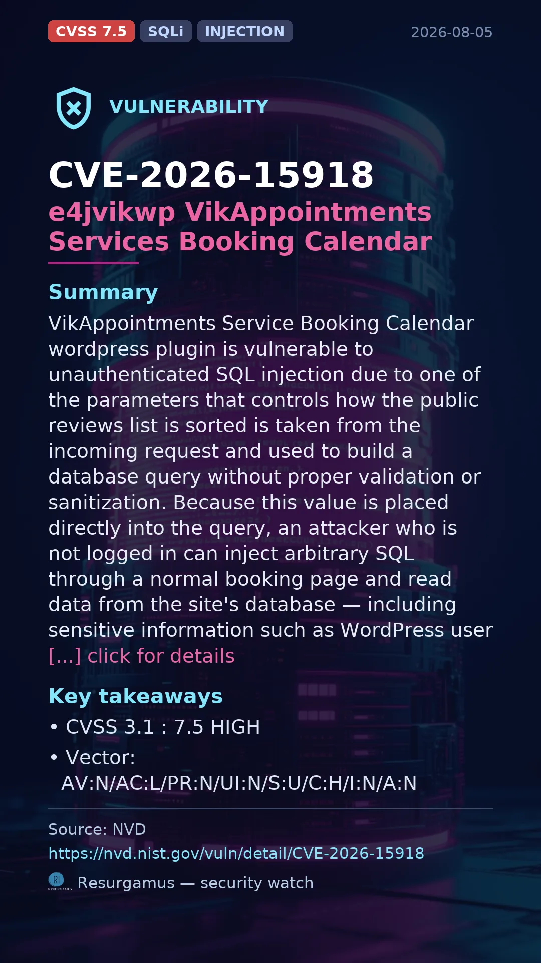 CVE-2026-15918 e4jvikwp VikAppointments Services Booking Calendar Vulnerability