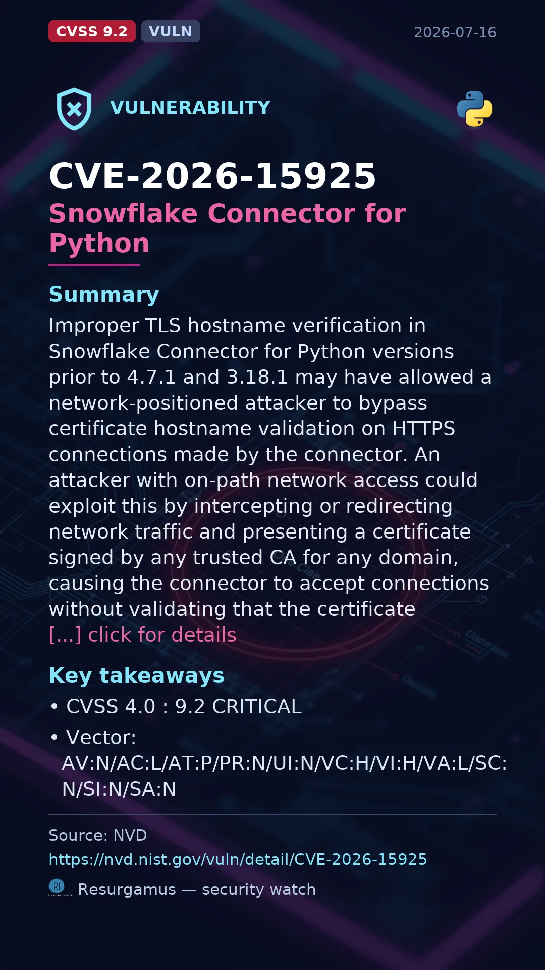 CVE-2026-15925 Snowflake Connector for Python Vulnerability