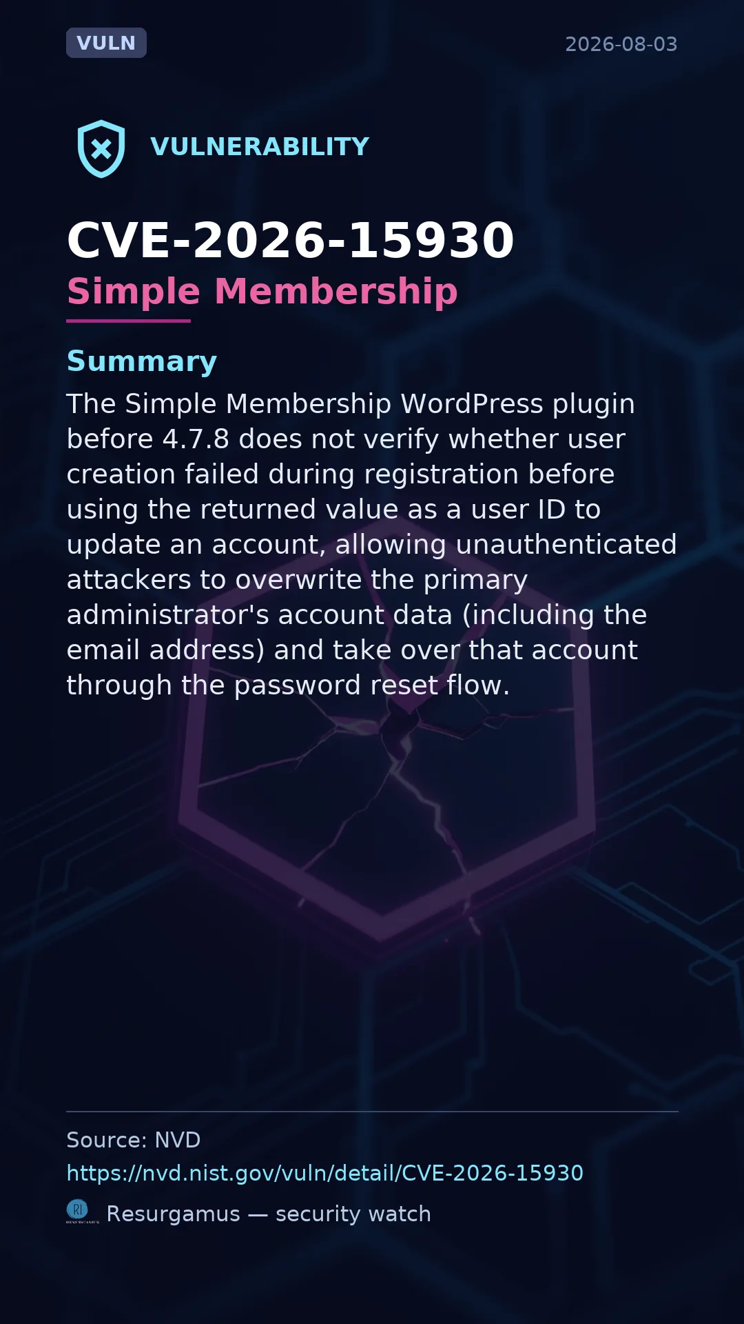 CVE-2026-15930 Simple Membership Vulnerability