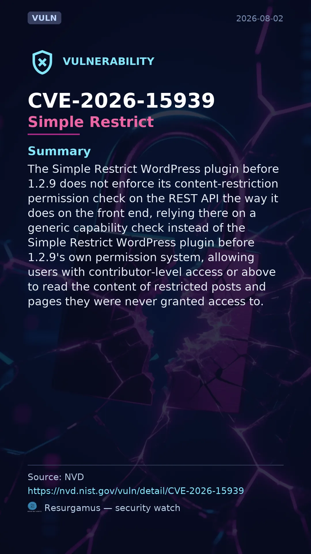 CVE-2026-15939 Simple Restrict Vulnerability