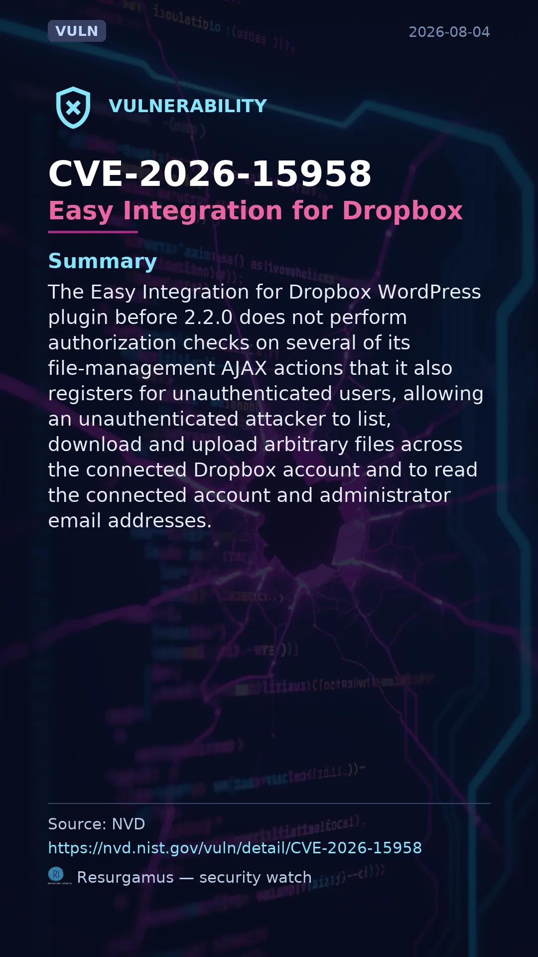 CVE-2026-15958 Easy Integration for Dropbox Vulnerability