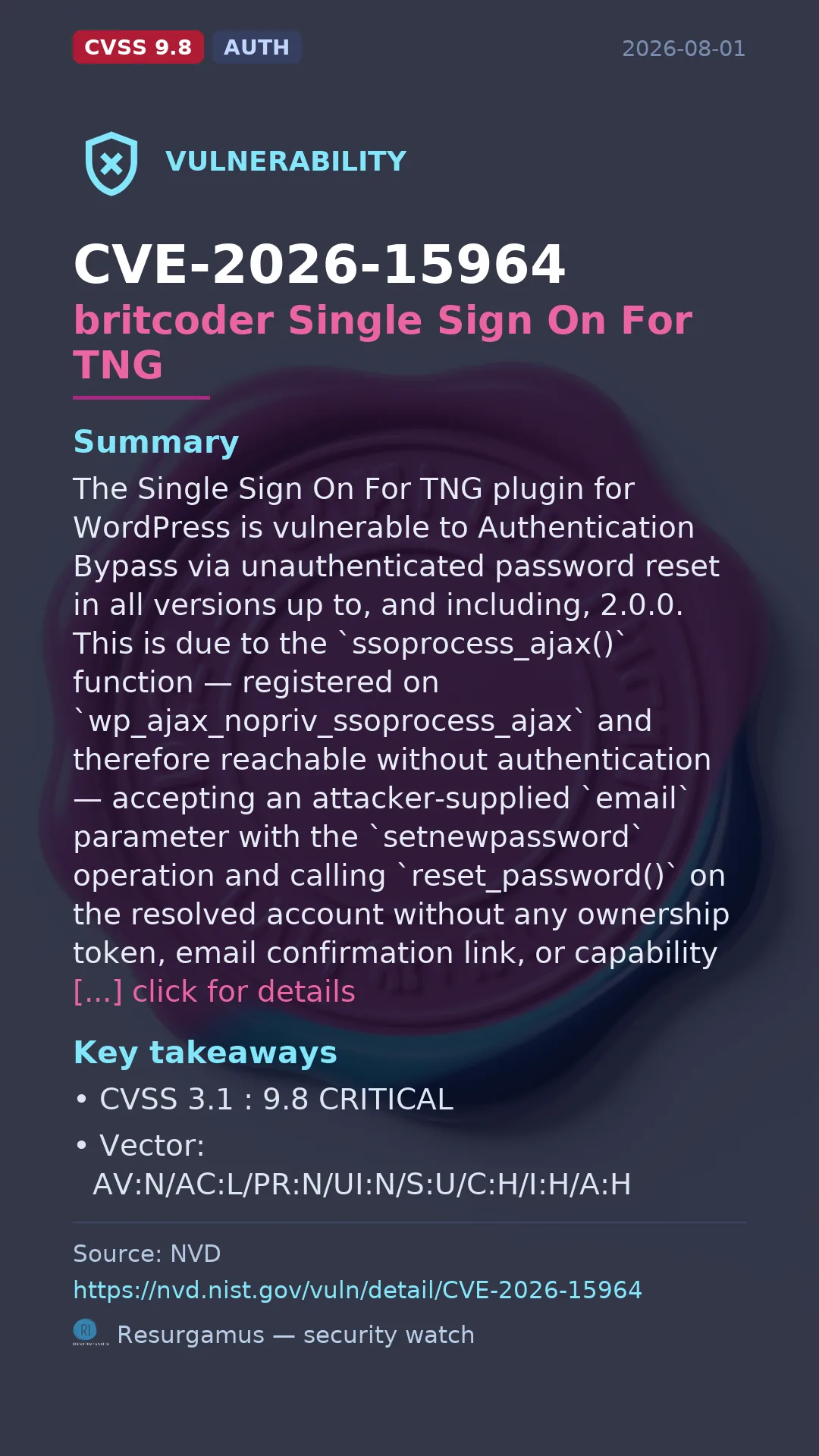 CVE-2026-15964 britcoder Single Sign On For TNG Vulnerability