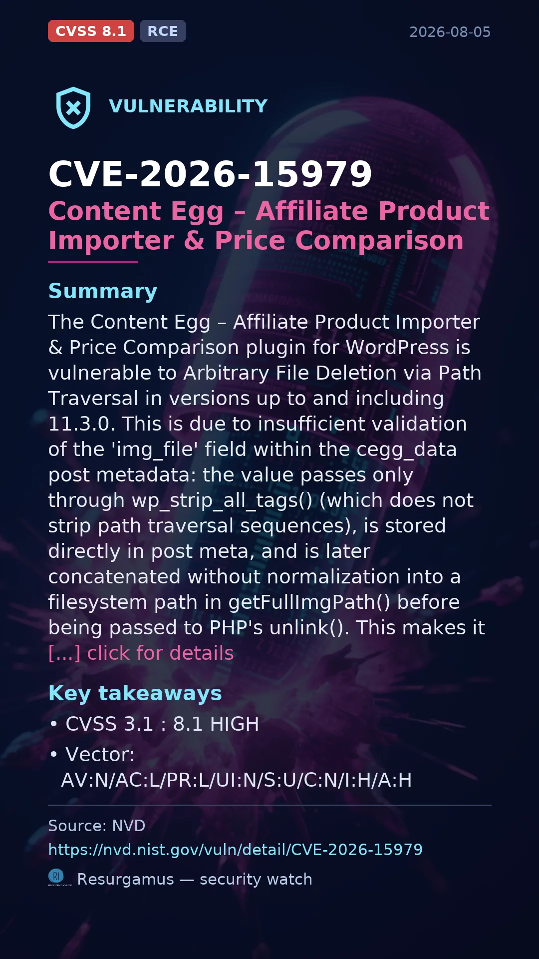 CVE-2026-15979 Content Egg – Affiliate Product Importer & Price Comparison Vulnerability