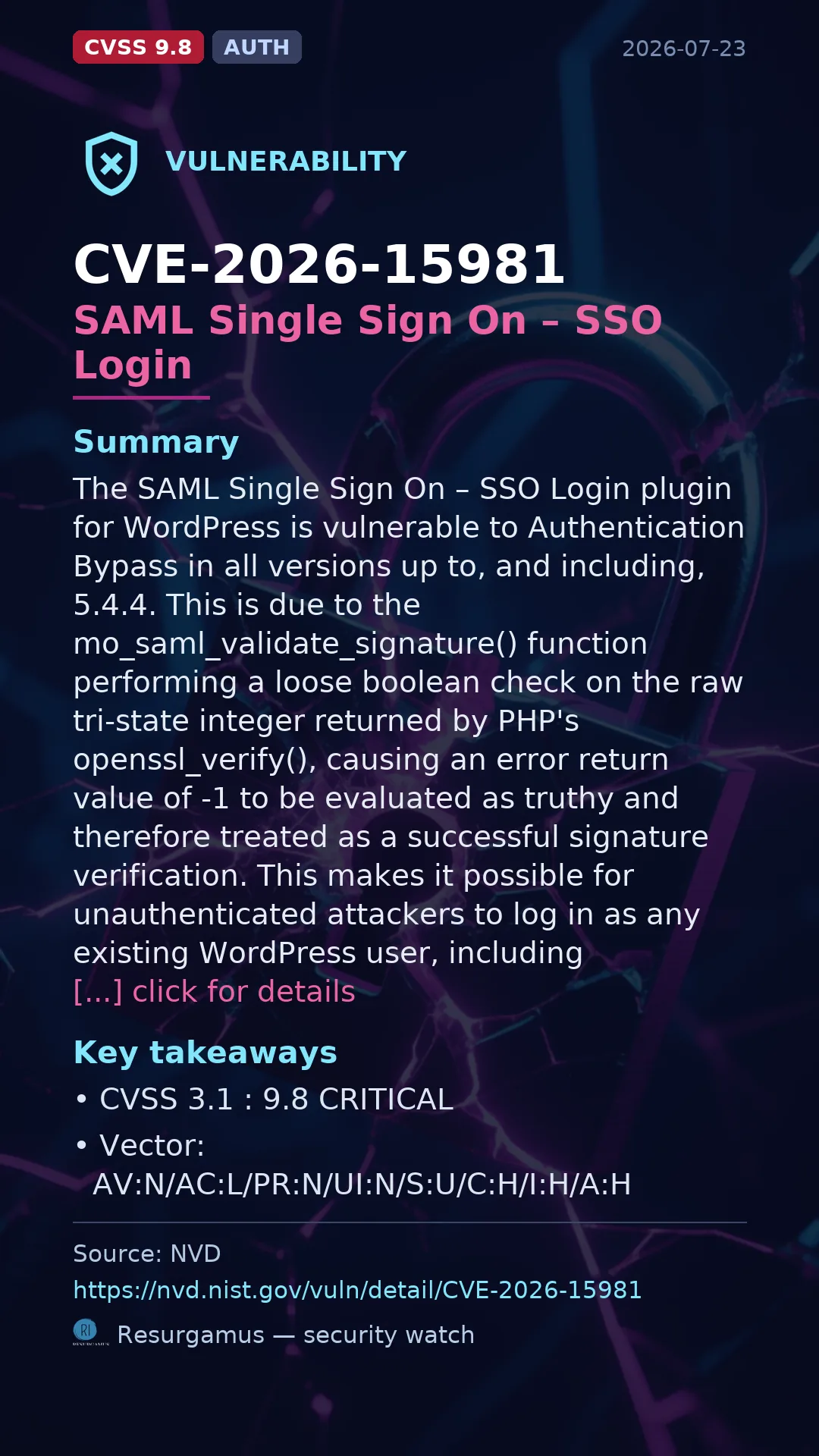 CVE-2026-15981 SAML Single Sign On – SSO Login Vulnerability