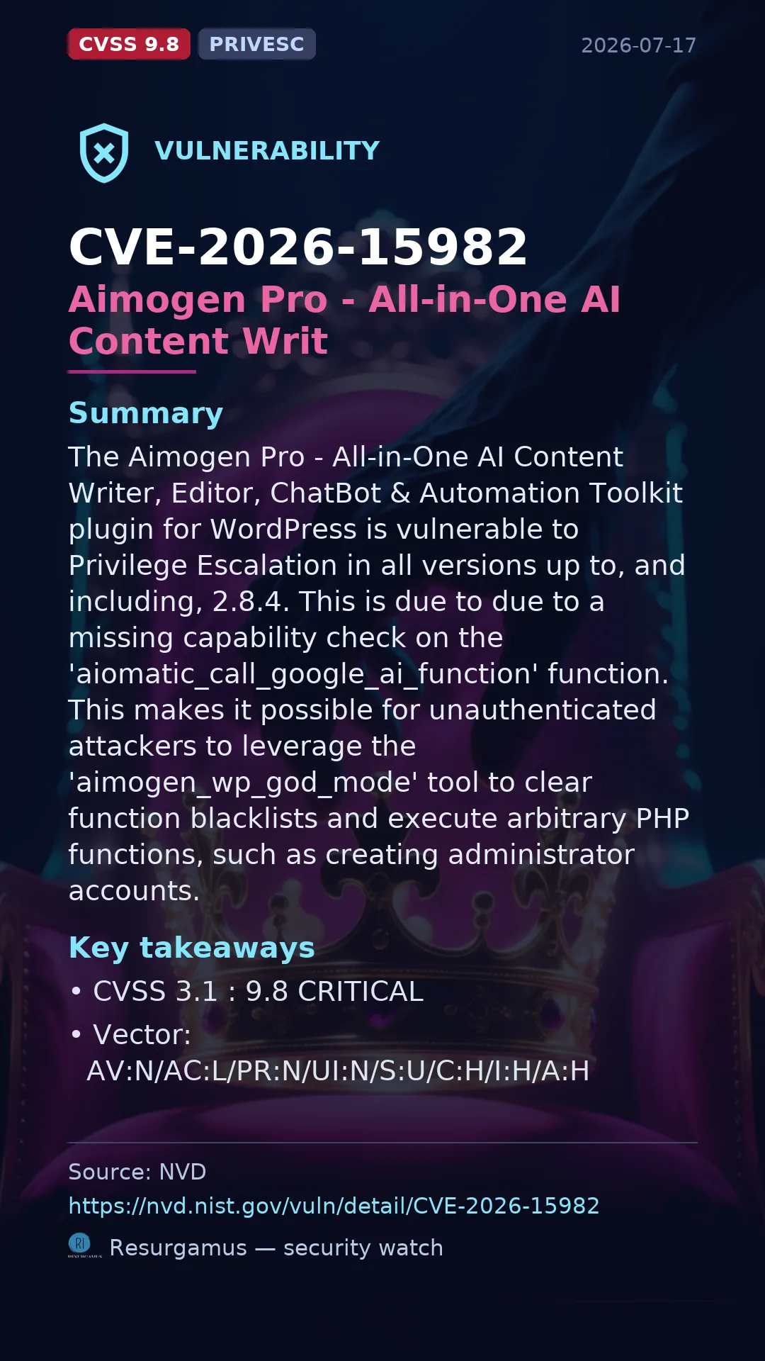 CVE-2026-15982 Aimogen Pro - All-in-One AI Content Writ Vulnerability