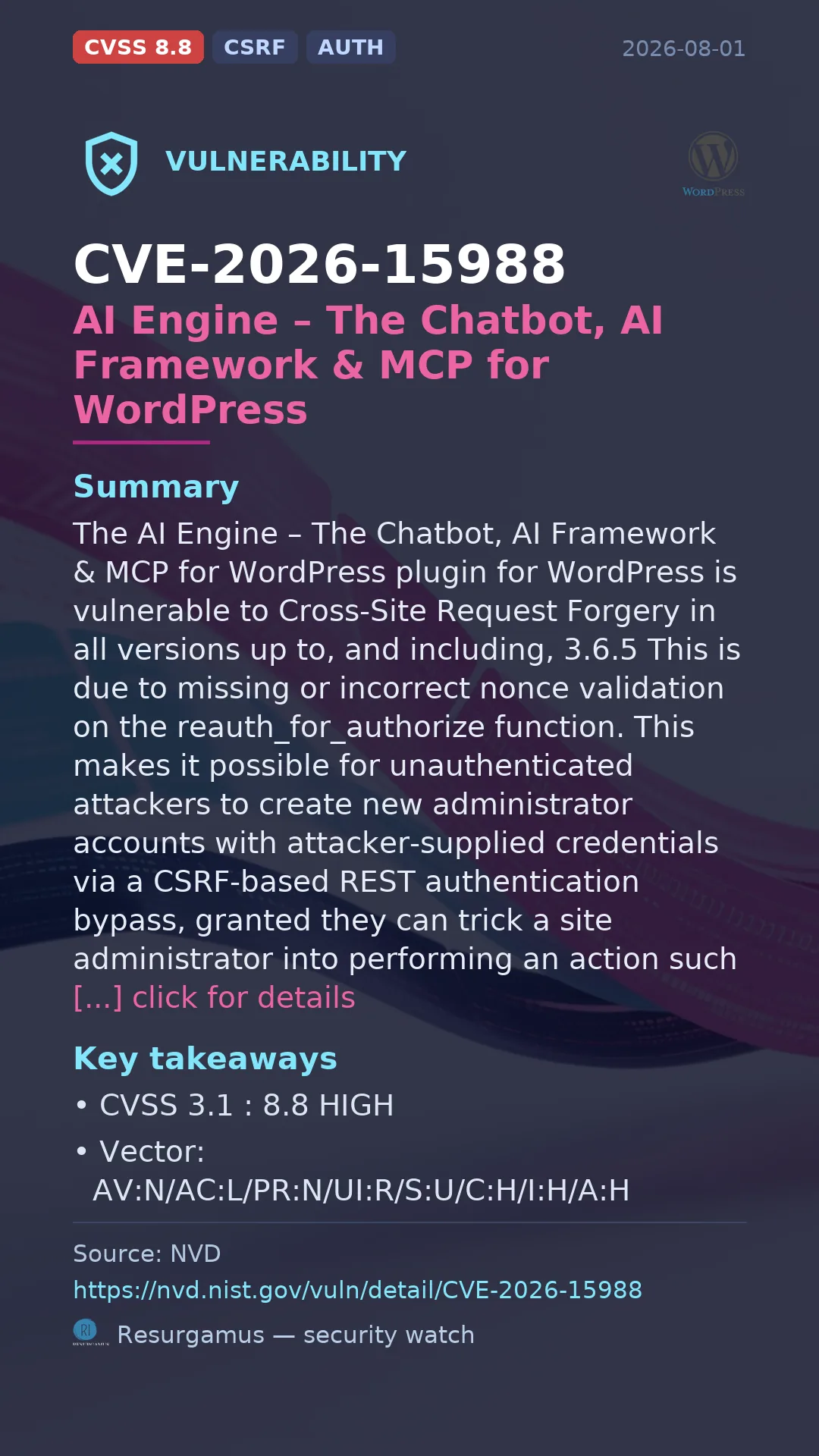 CVE-2026-15988 AI Engine – The Chatbot, AI Framework & MCP for WordPress Vulnerability